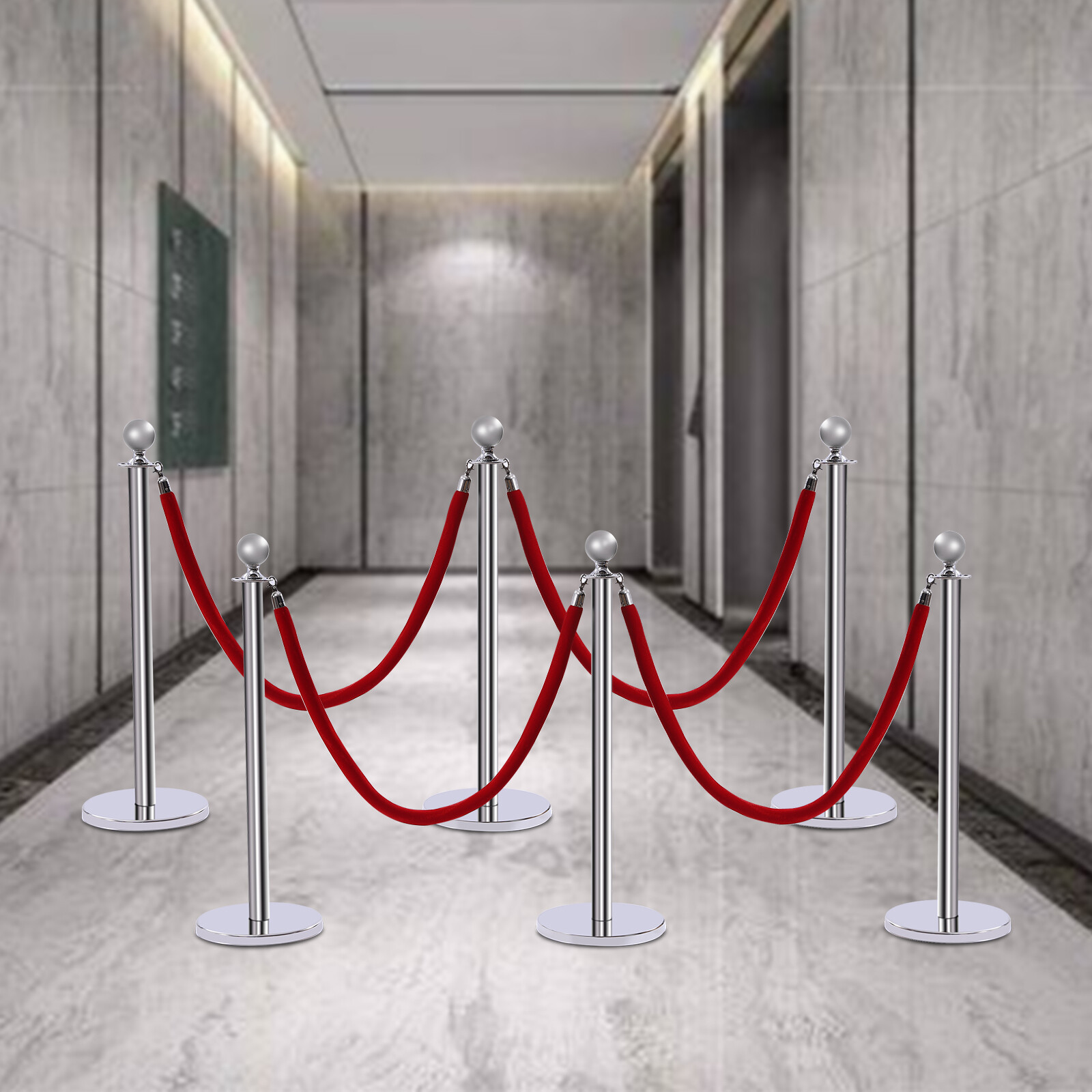 Silver 6Pcs Stanchion Posts with 4 Velvet Ropes Crowd Control Queue Pole Barrier