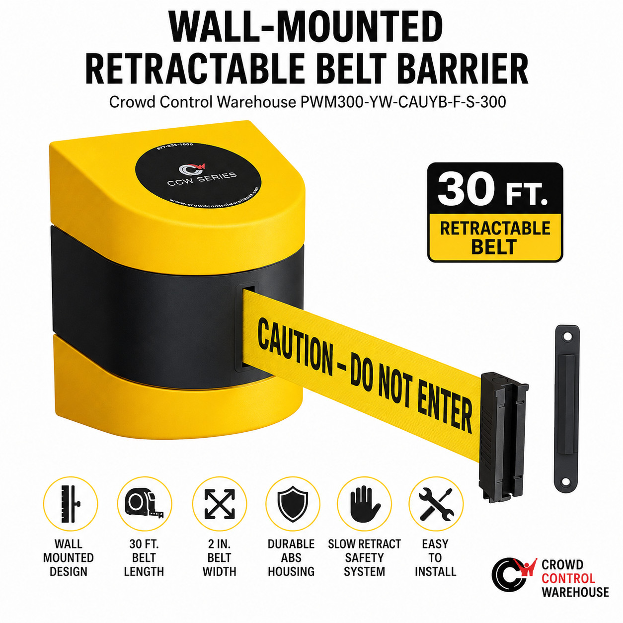Crowd Control Warehouse CCW Series Fixed Wall Mount Retractable Belt Barrier 30′