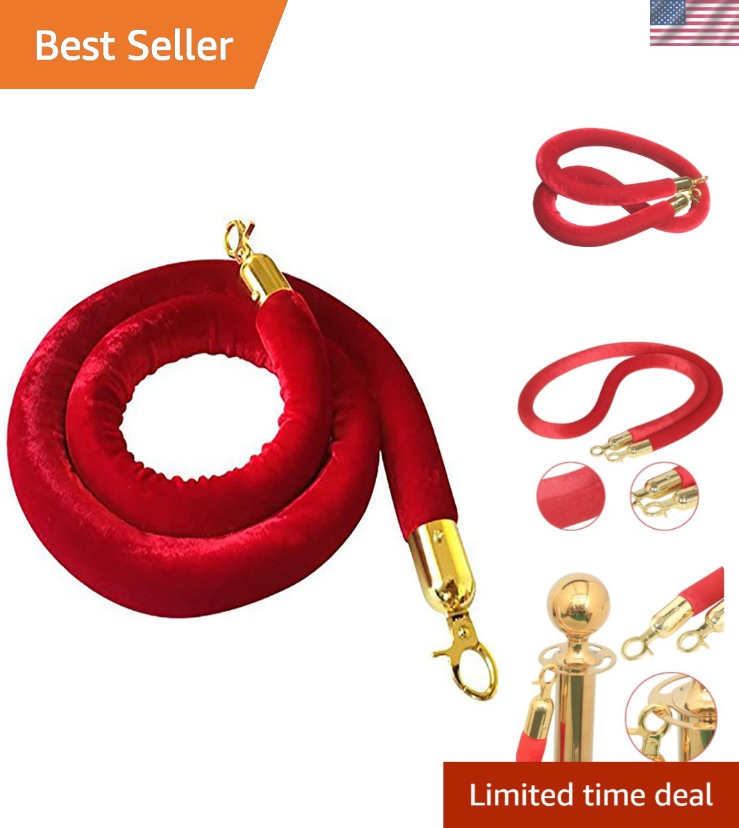 5-Foot Red Velvet Stanchion Rope with Elegant Brass Hooks – Events Ready