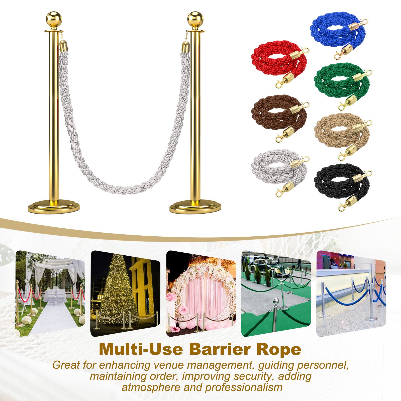 6.6 Ft/2 m Twisted Stanchion Rope Barrier Rope with Hooks White Golden