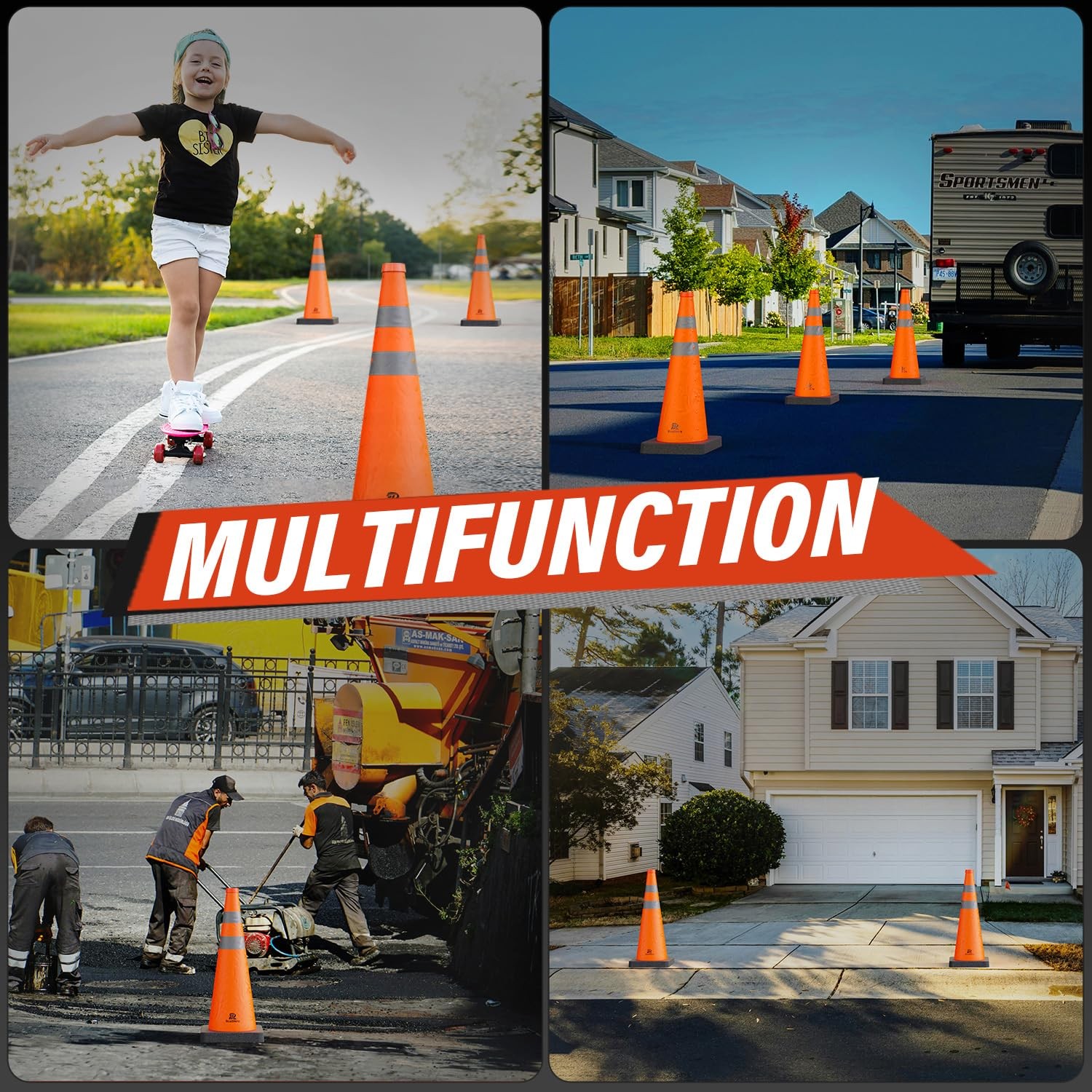 28 Inch Collapsible Traffic Safety Cones with Black Weighted Base, Constructi…