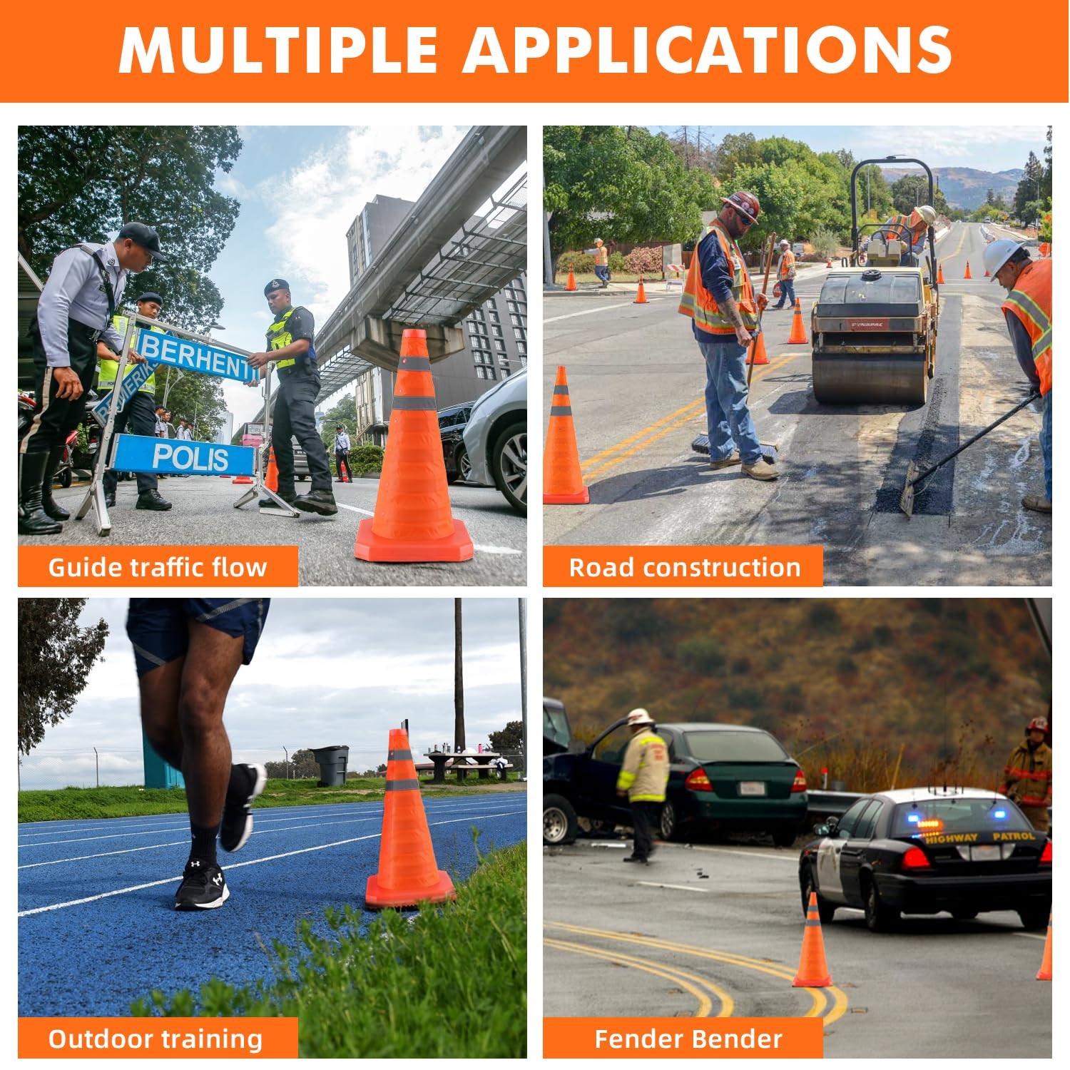 Jade Butterfly 28 Inch 4 Pack Collapsible Traffic Safety Cones, Orange Cones wit
