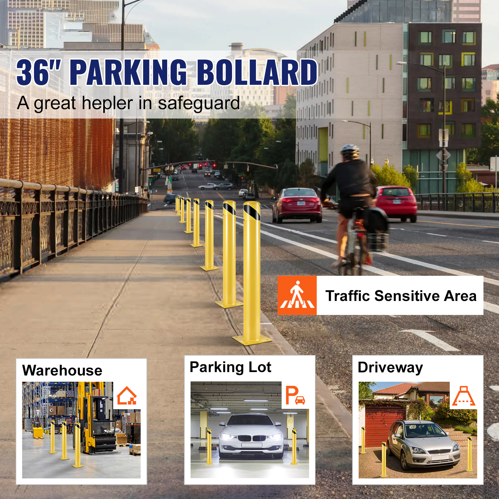 Safety Bollard 36″H 4.5″D Steel Bollard Post Yellow Street Parking Signs Barrier