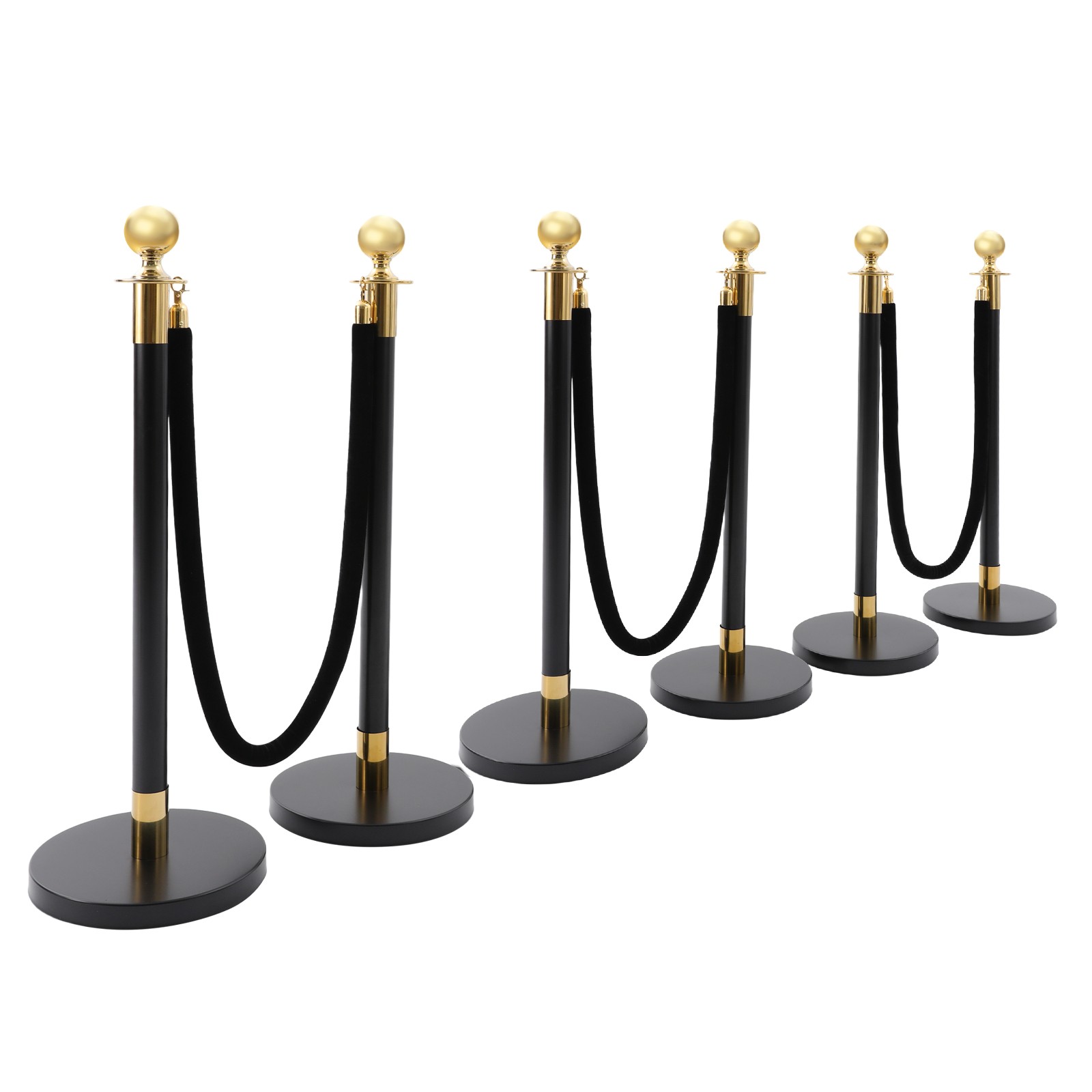 6PCS Black+Gold Stanchion Posts Queue Pole w/ 4 1.5M Ropes Crowd Control Barrier