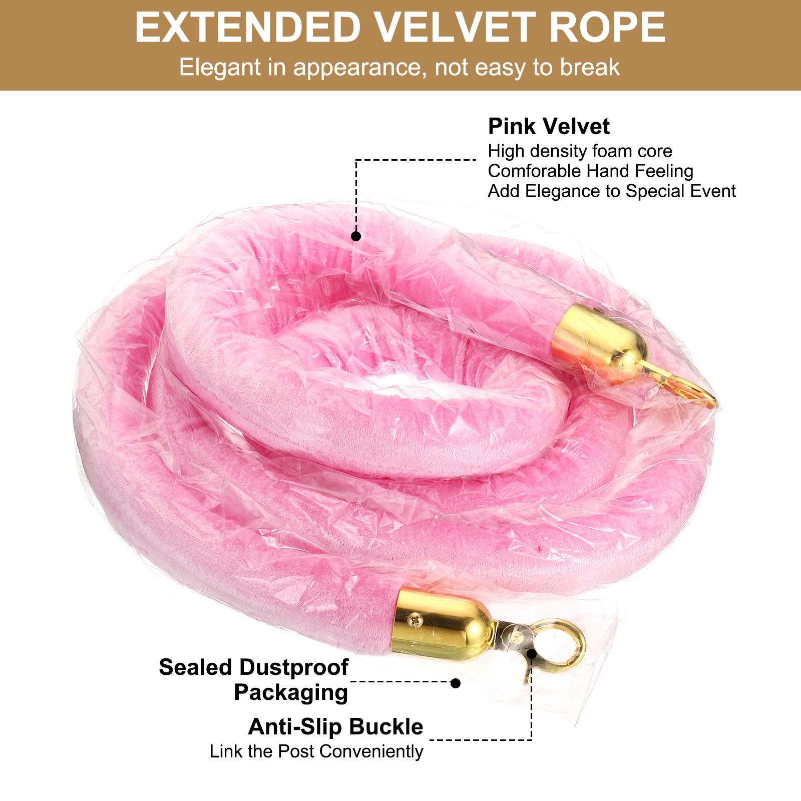 2PCS 8 Feet Pink Velvet Stanchion Rope Crowd Control Barrier Rope, Golden