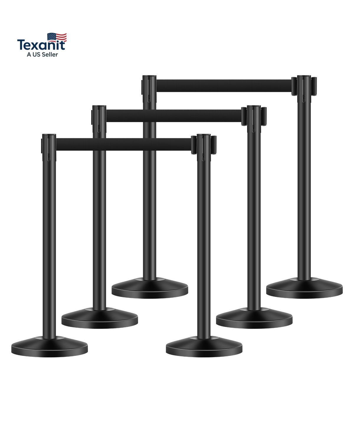 Stanchion Post, 6 Pcs Stanchions with Retractable Belts, Carbon Steel Black Stan