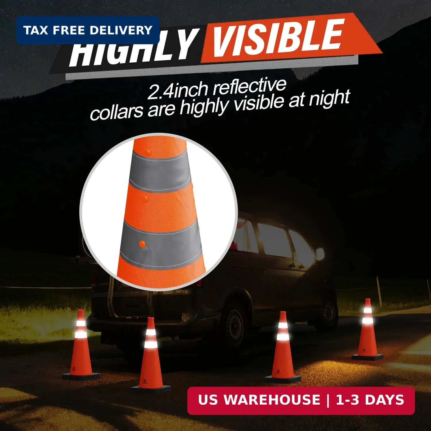 RoadHero 28 Inch Collapsible Traffic Safety Cones with Black Weighted Base, Cons