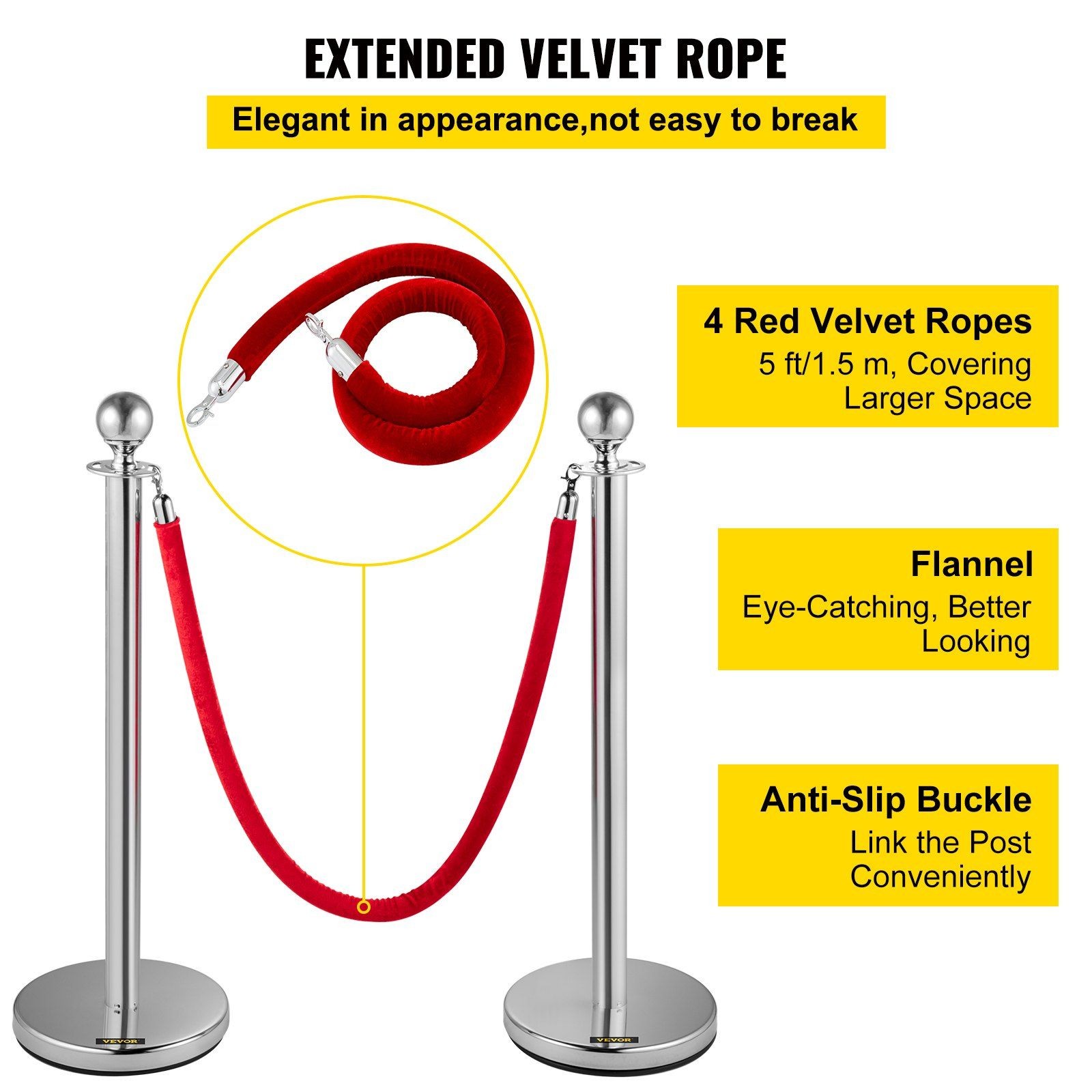 8PCS Stainless Steel Crowd Control Stanchions with 5ft Red Flannel Ropes