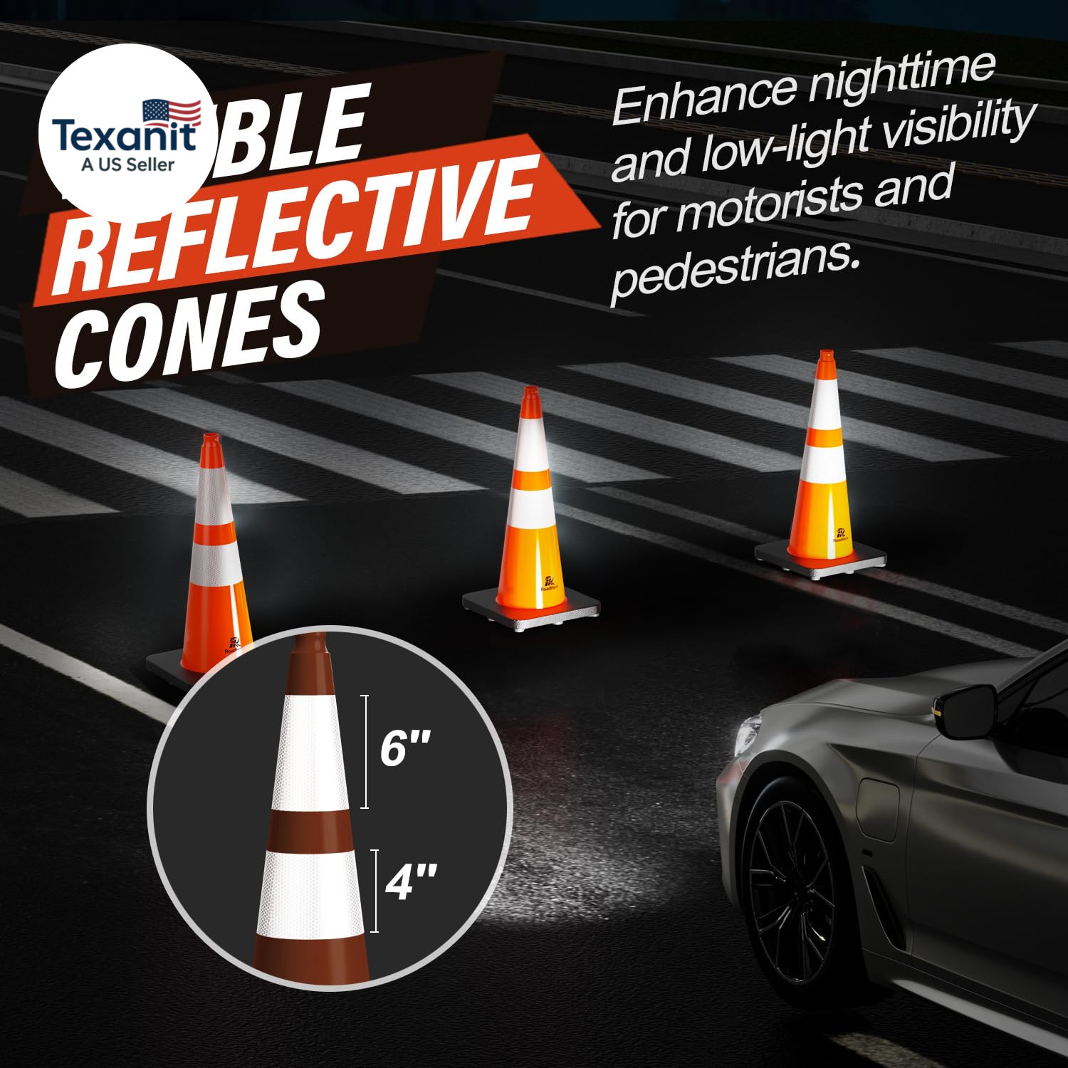 8 Pack 28 Inch 5.5 Lb Traffic Cones with Heavy Black Base, Orange Safety Cone wi