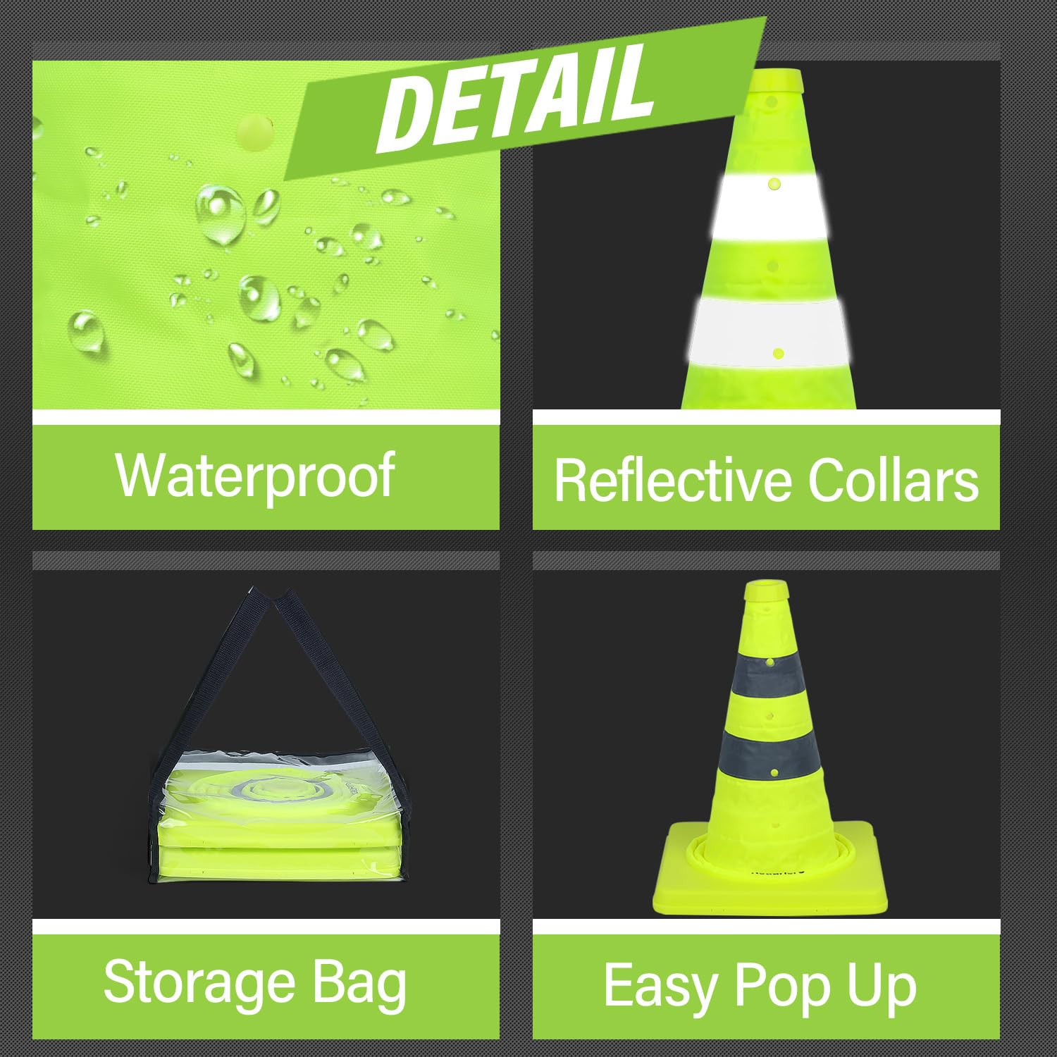 18 Inch 2 Pack Collapsible Traffic Safety Cones, Lime Green Pop-up Cones with…