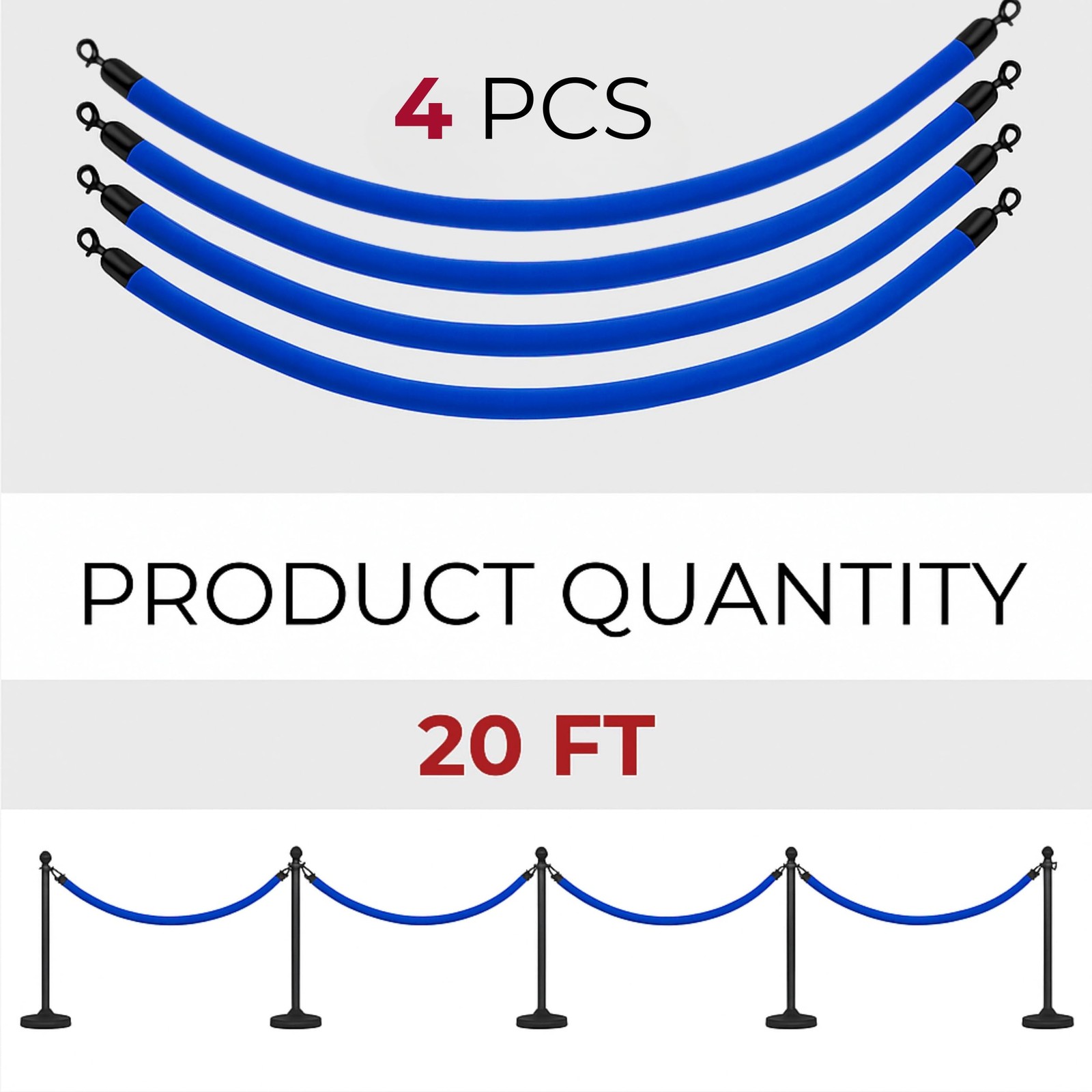 Blue Velvet Rope 5Ft Crowd Control Hanging Stanchion Barrier For Parties 4PC