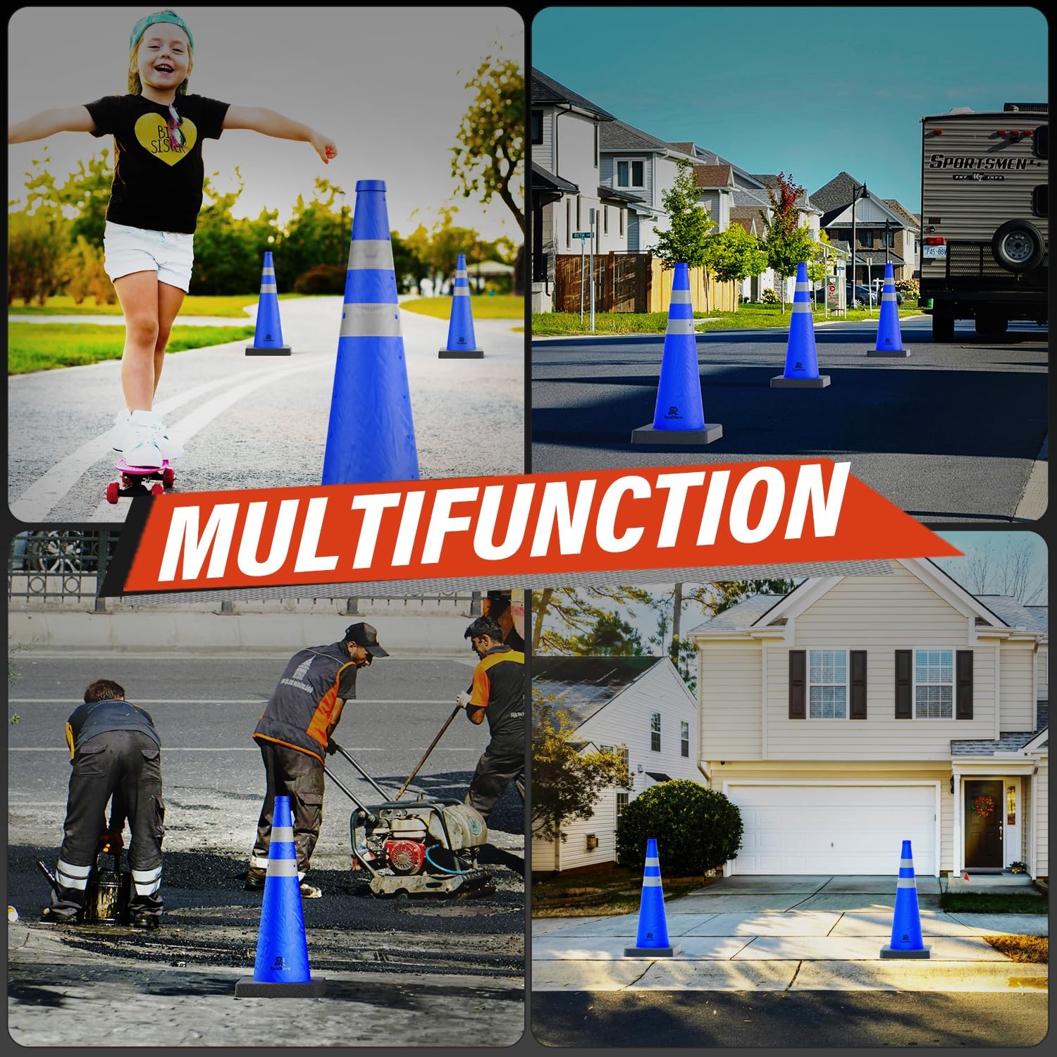 RoadHero 28 Inch Collapsible Traffic Safety Cones with Black Weighted Base, C…