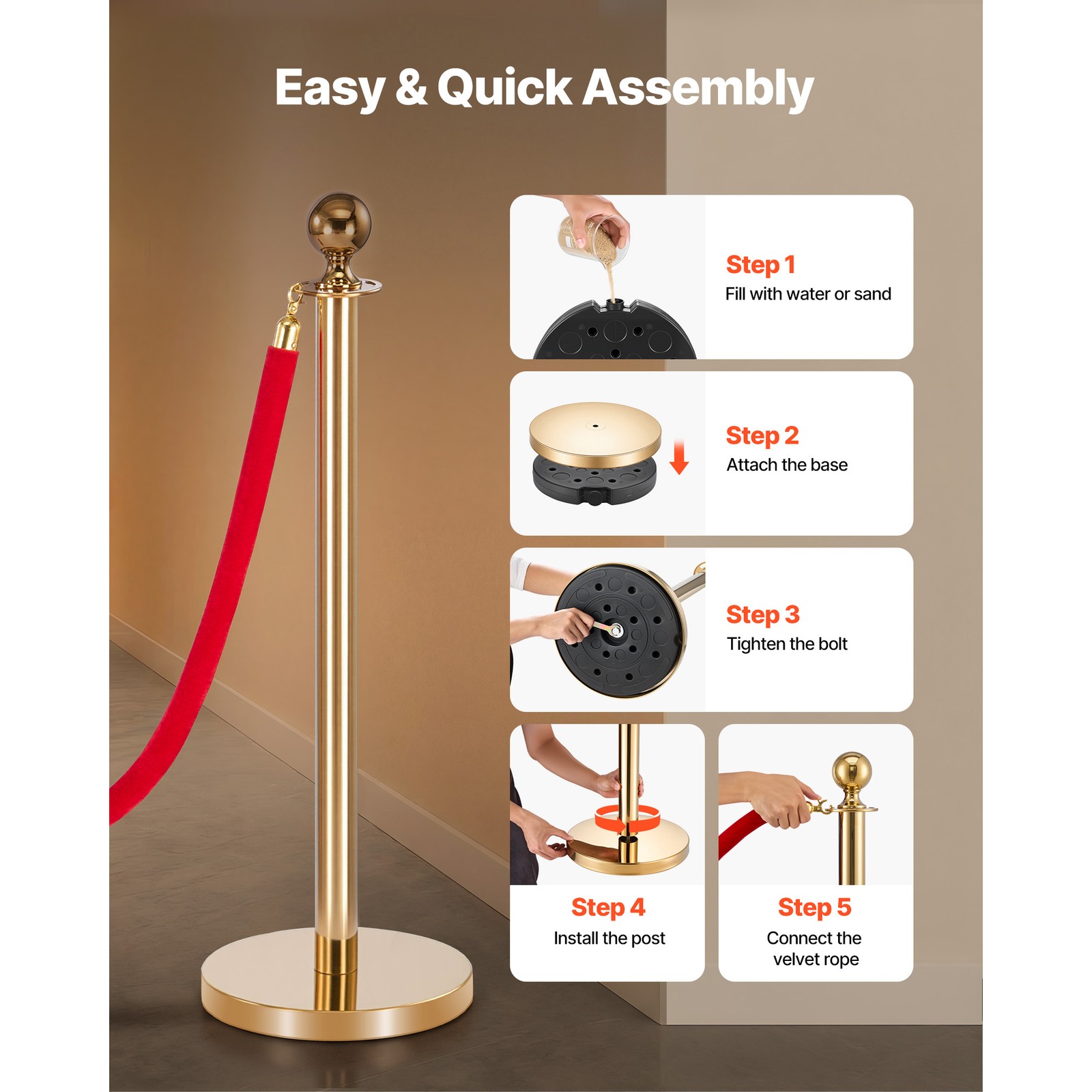 Uimoso 6-Piece Gold Stanchion Set with Red Carpet & 4 Velvet Ropes, Hollow Base