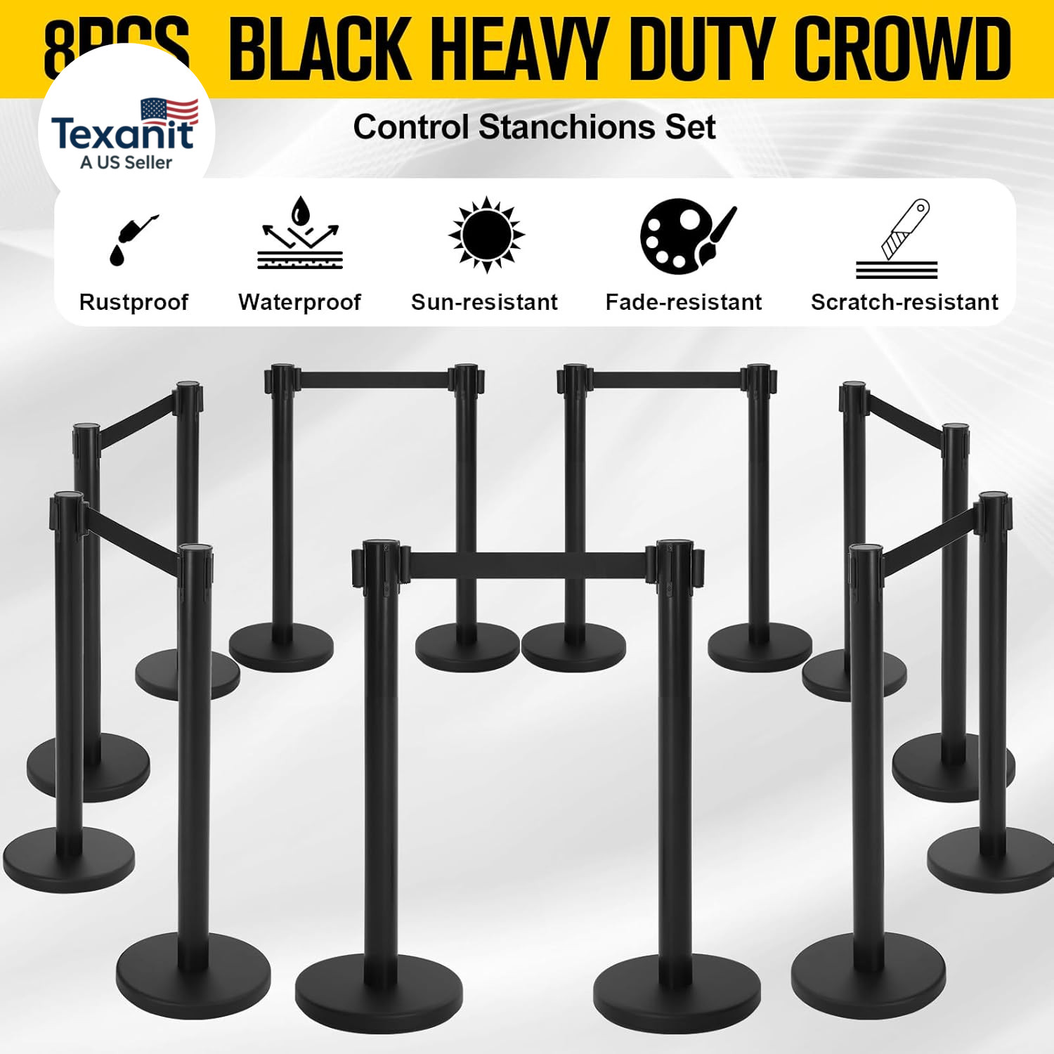 8 Pcs Stanchions with 8.2 Ft Retractable Belt Black Crowd Control Stanchions Set