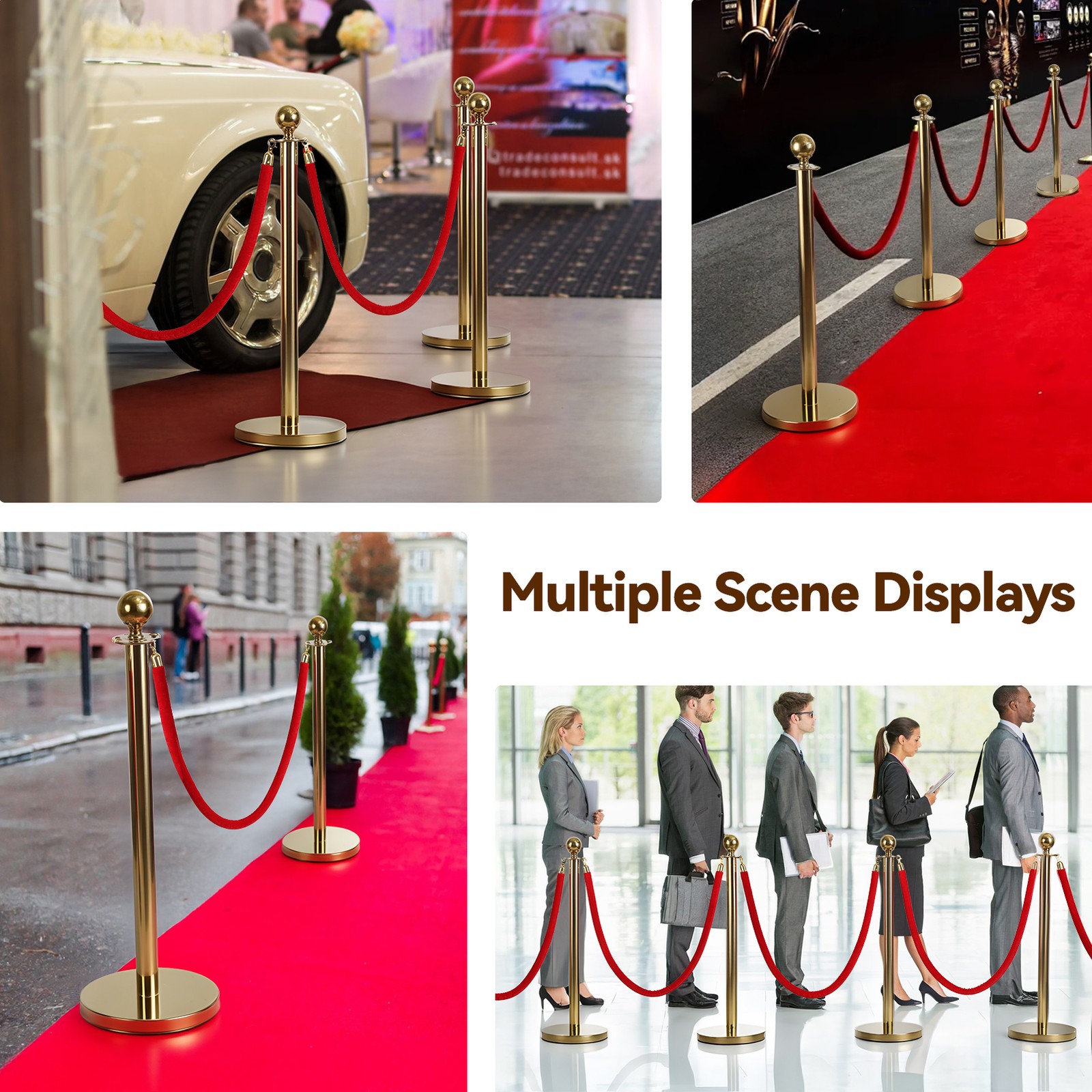 8Pcs Stanchion Post Queue Barrier Crowd Control Sand Base Gold with Velvet Ropes