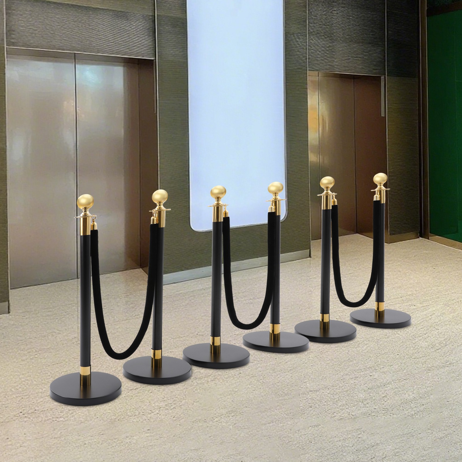 6PCS Black+Gold Stanchion Posts Queue Pole w/ 4 1.5M Ropes Crowd Control Barrier