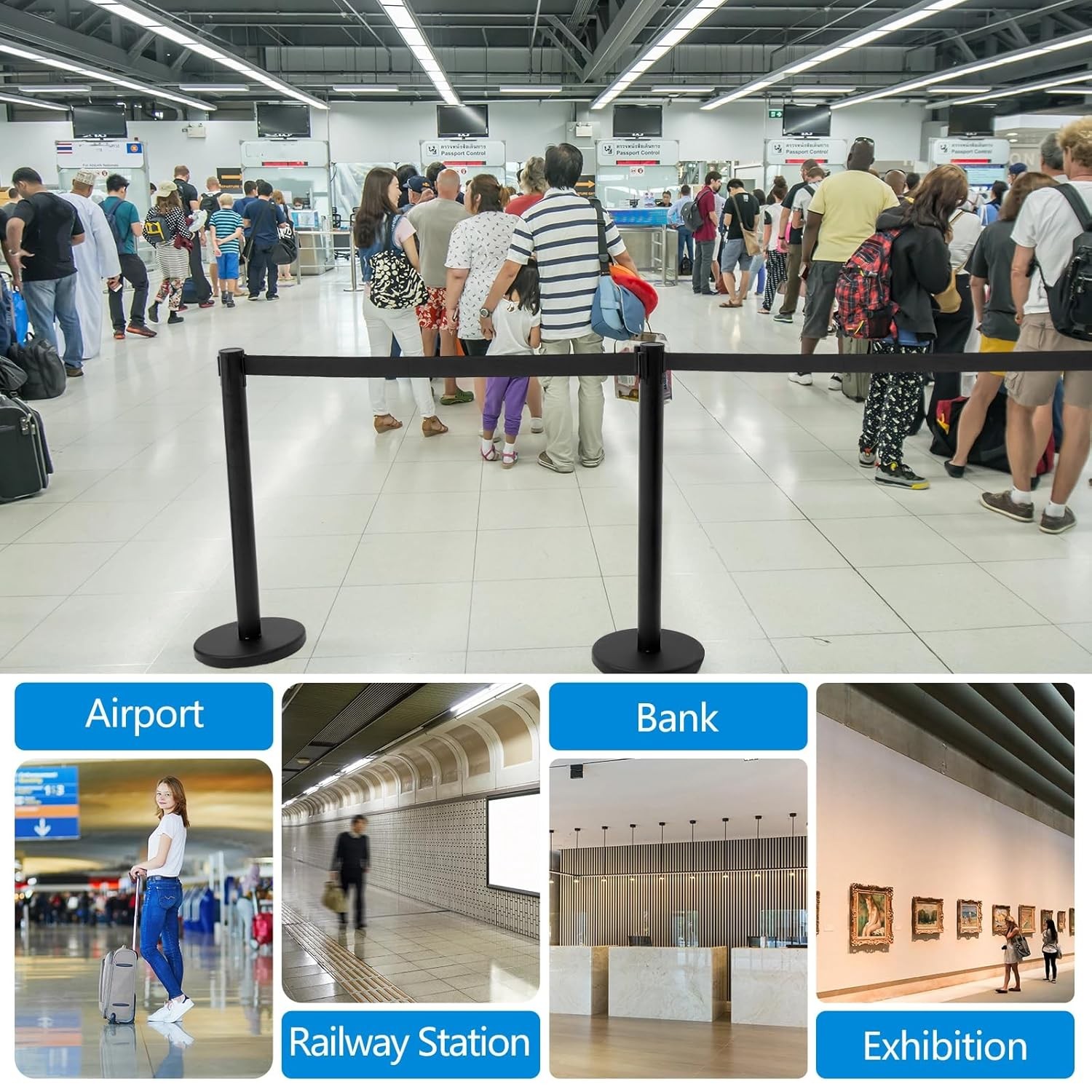 6 Pack Crowd Control Stanchions 9.8ft Retractable Belt Sign Holder Black