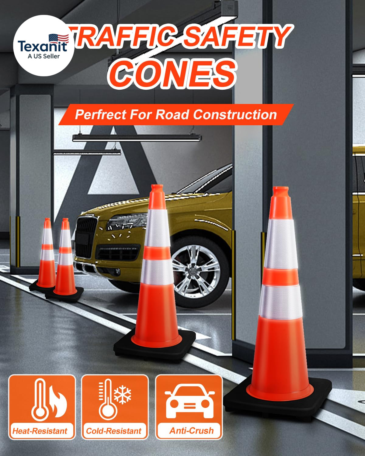 (8 Pack) 28” Inch Traffic Safety Cones Orange Road Parking Cones Heavy Duty Con