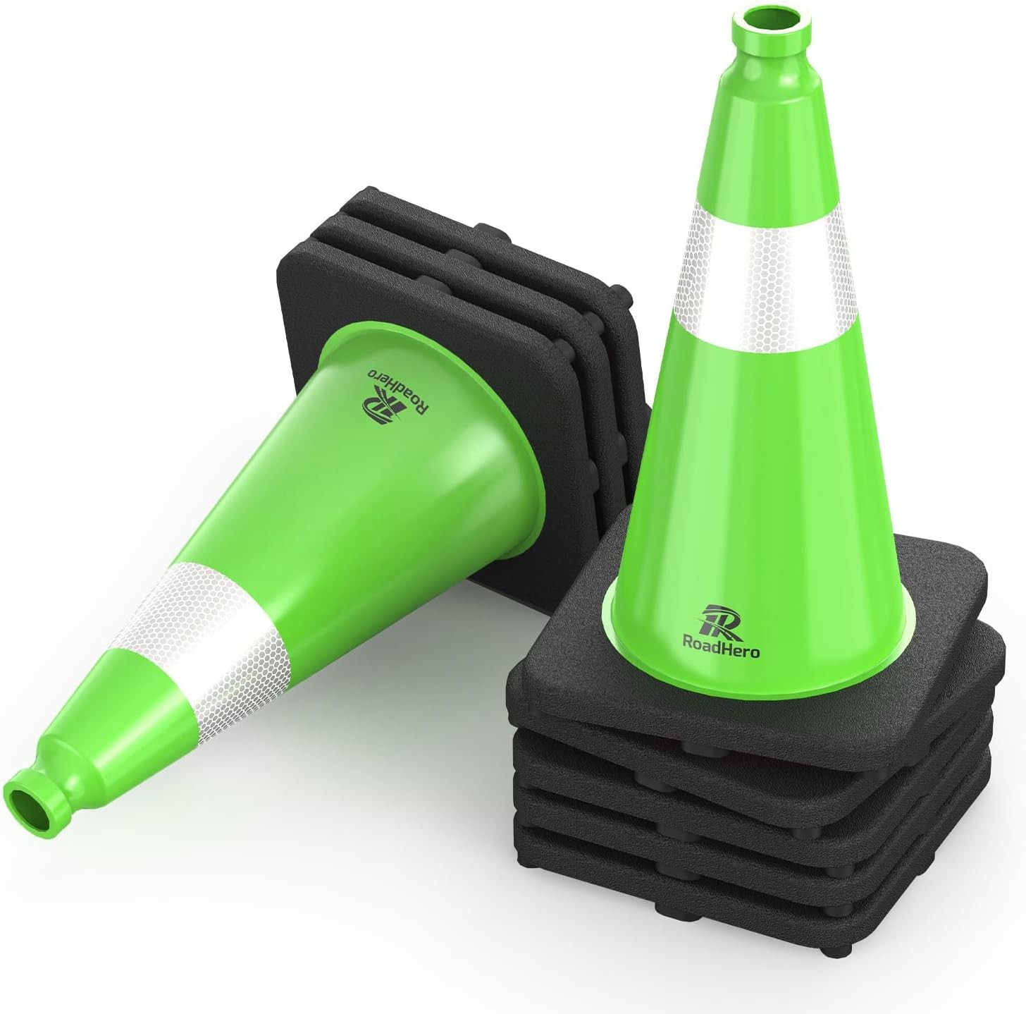 RoadHero 8 Pack 28in Traffic Safety Cones Weighted Base Lime Green Reflective