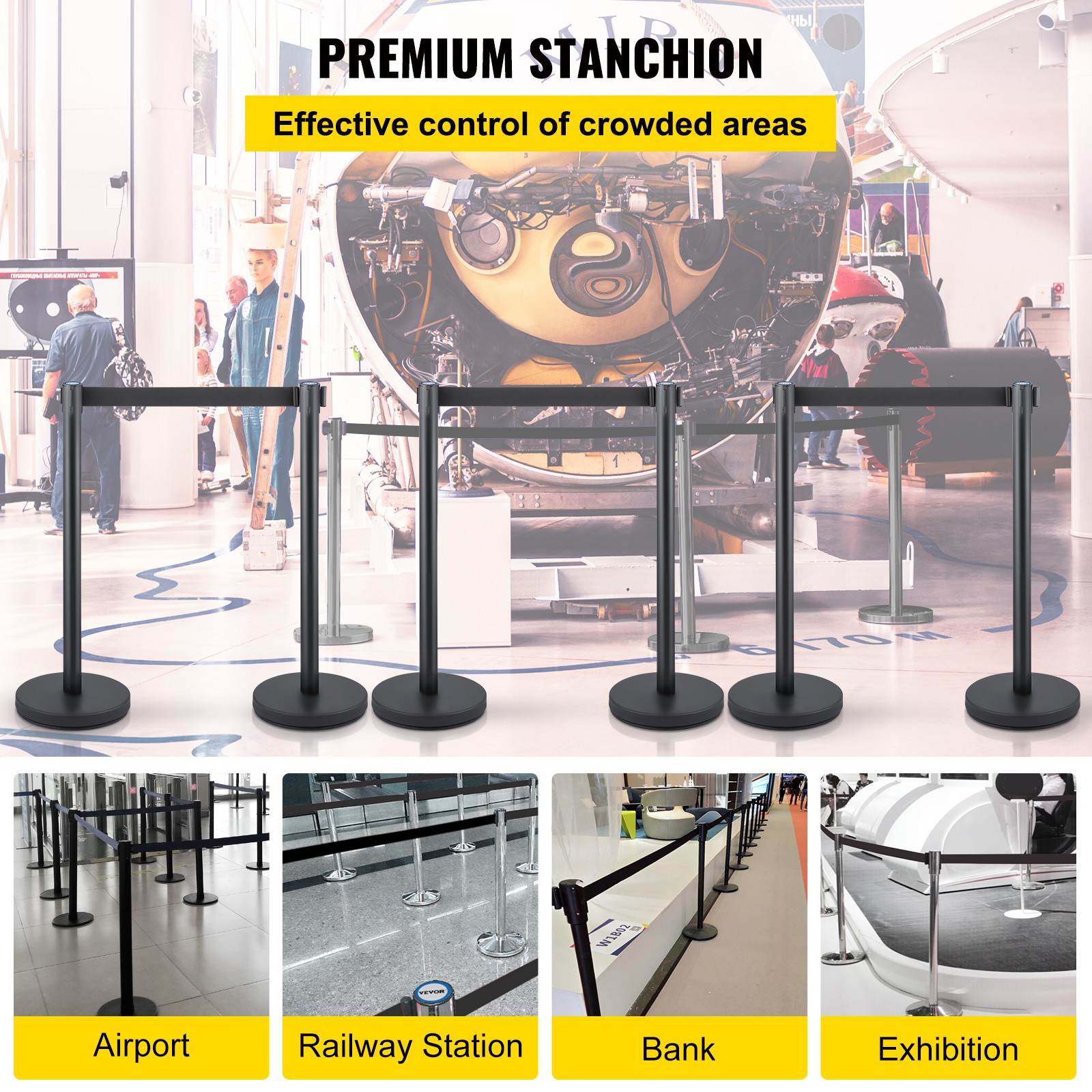 6 PCS Crowd Control Stanchion Barrier Queue Post Set w/ 6.6 ft Black Belt