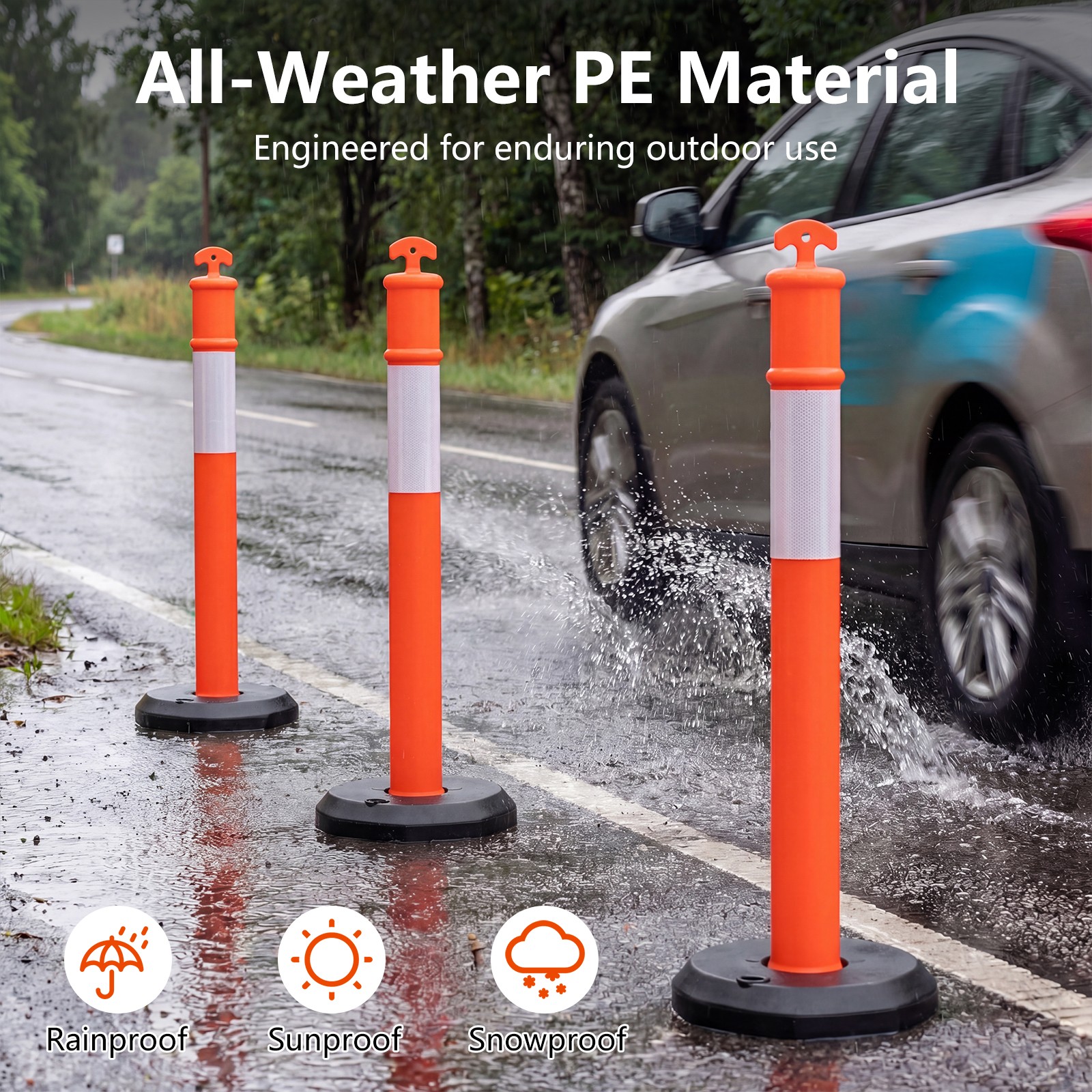 3 Pack Traffic Delineator Posts with Fillable Base,45 Inch Delineator Post Cones