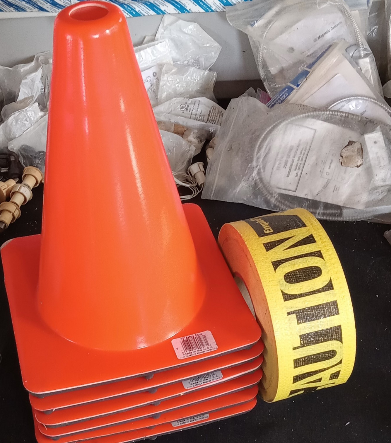6 Orange Safety Traffic Cone 12 in Stackable with Yellow CAUTION Tape for $20.00
