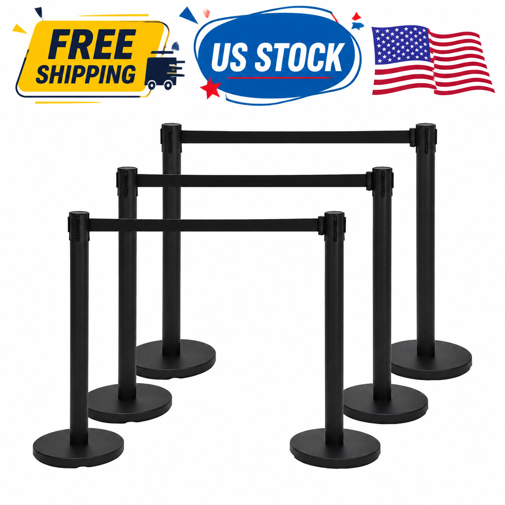 Crowd Control Stanchion Set, 6 Pack Black Stanchions with 6.6Ft Sturdy Retractab