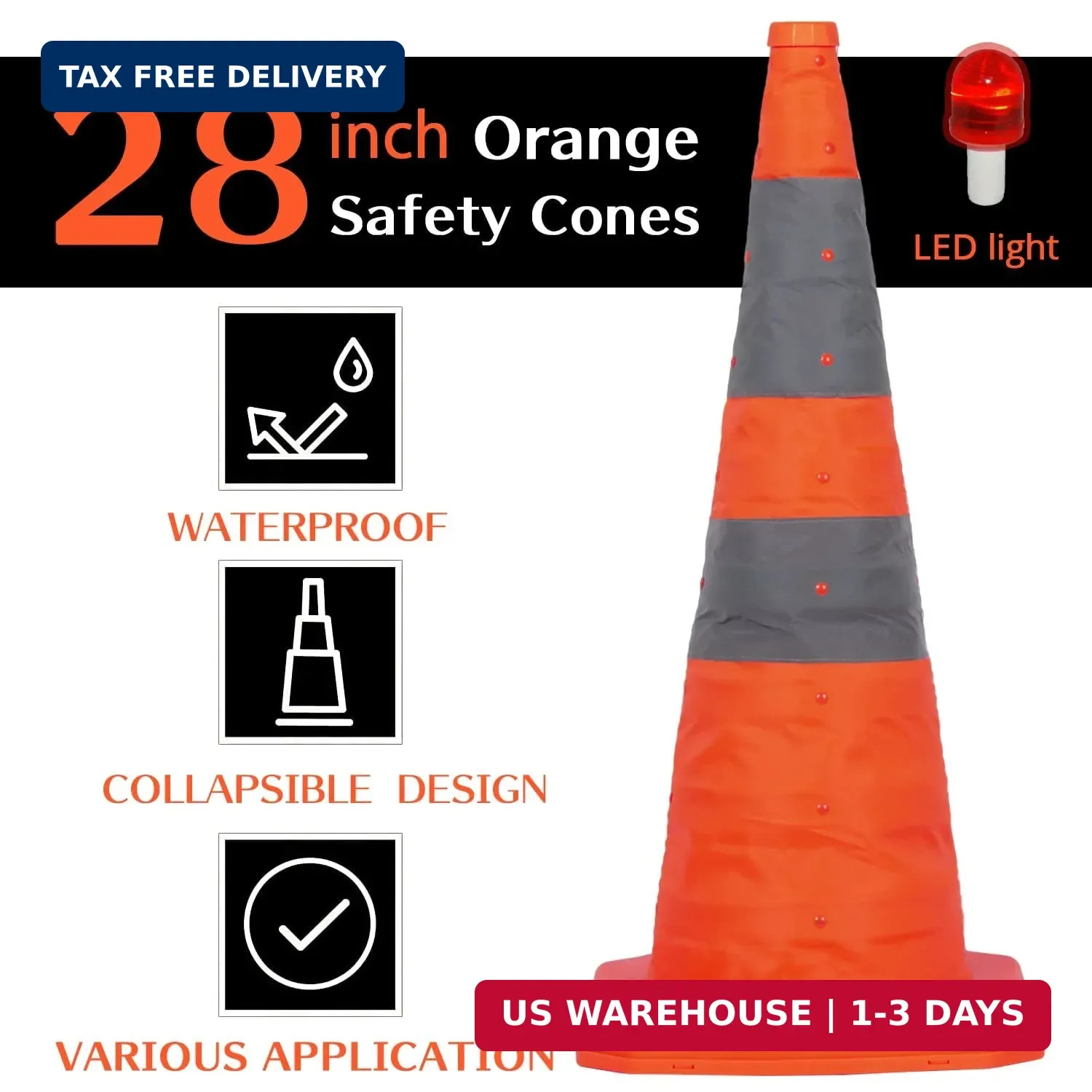 4 Pack 28 inch Collapsible Traffic Cones with LED Light, Safety Cones with Refle