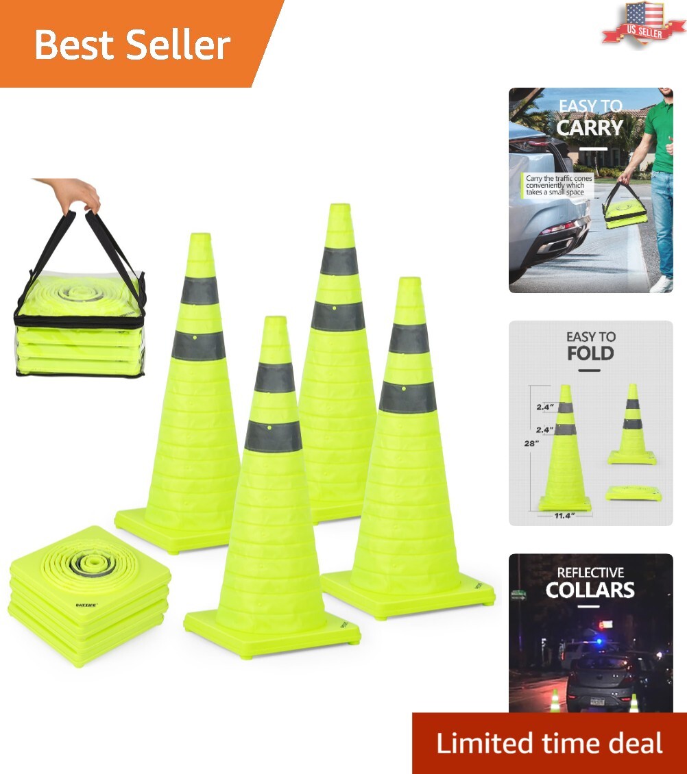 4 Pack Heavy-Duty Collapsible Traffic Cones – 28 inch – Reflective – Lime Green