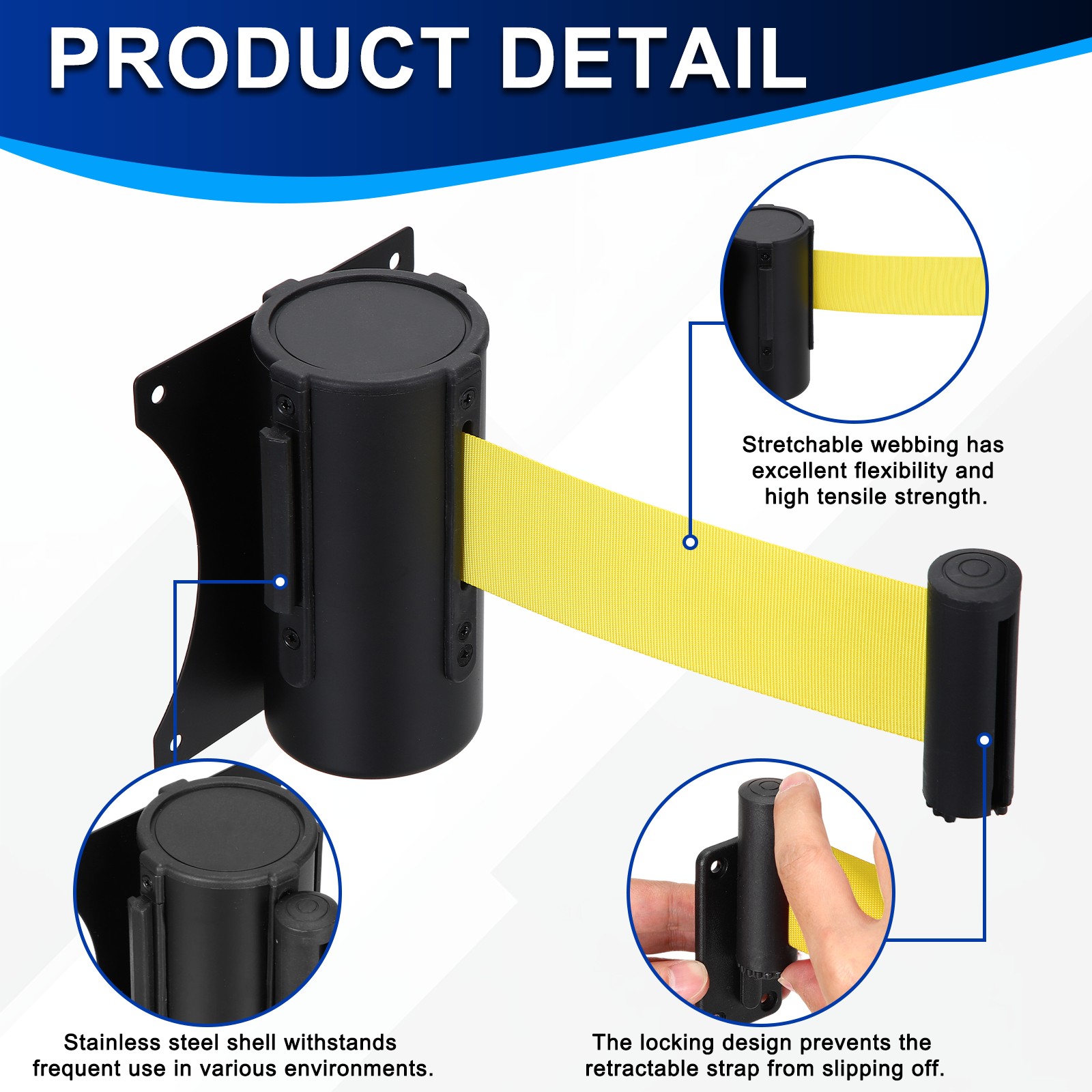 Fixed Wall Mount Retractable Belt Barriers (10 Feet, Yellow) (1 Pcs)