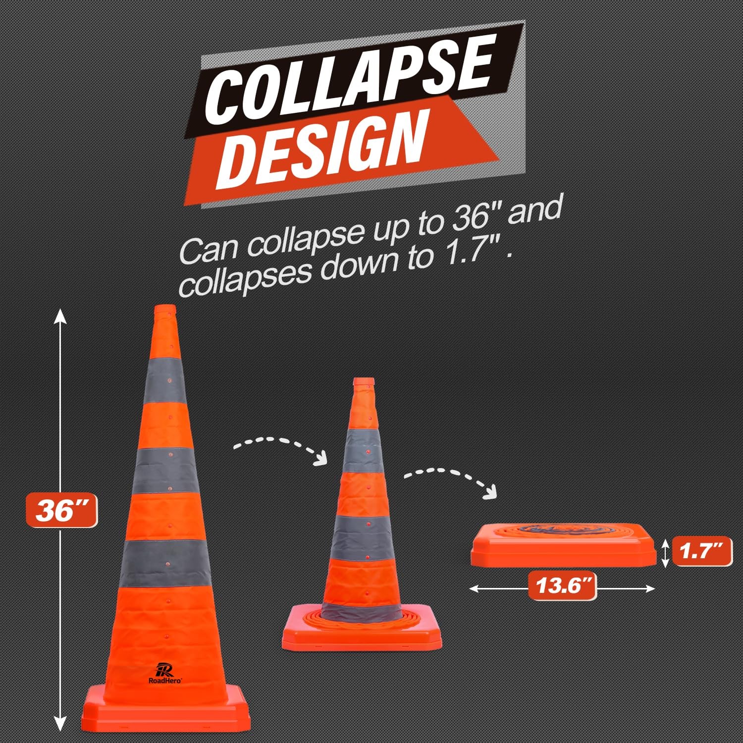 RoadHero 36 Inch 4 Pack Collapsible Traffic Safety Cones, Multi Purpose Pop-u…