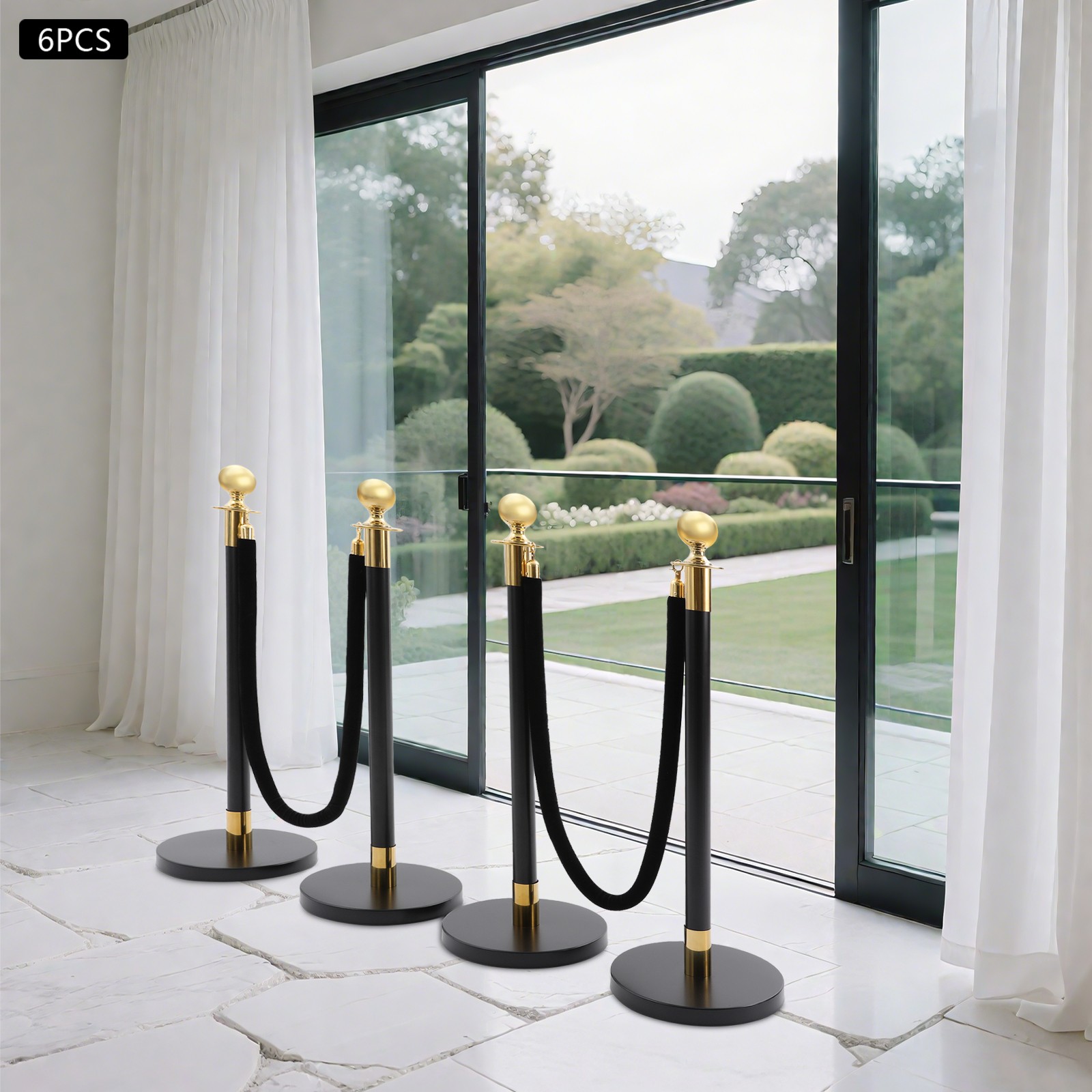 6 PCS Black Stainless Stanchion Posts w/ 4 Ropes Crowd Control Queue Barrier NEW