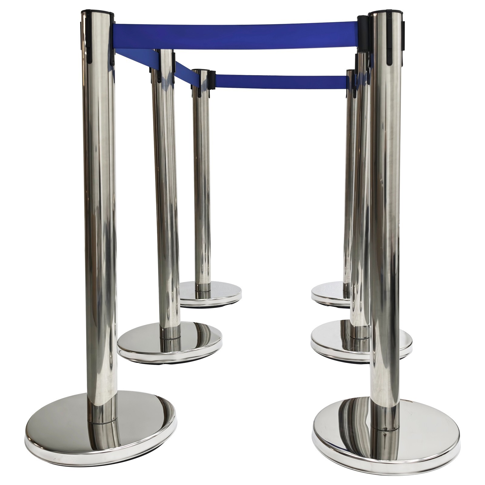 6 PCS Stainless Steel Stanchions with Blue Belts Posts Covers and Bases Blue Ret