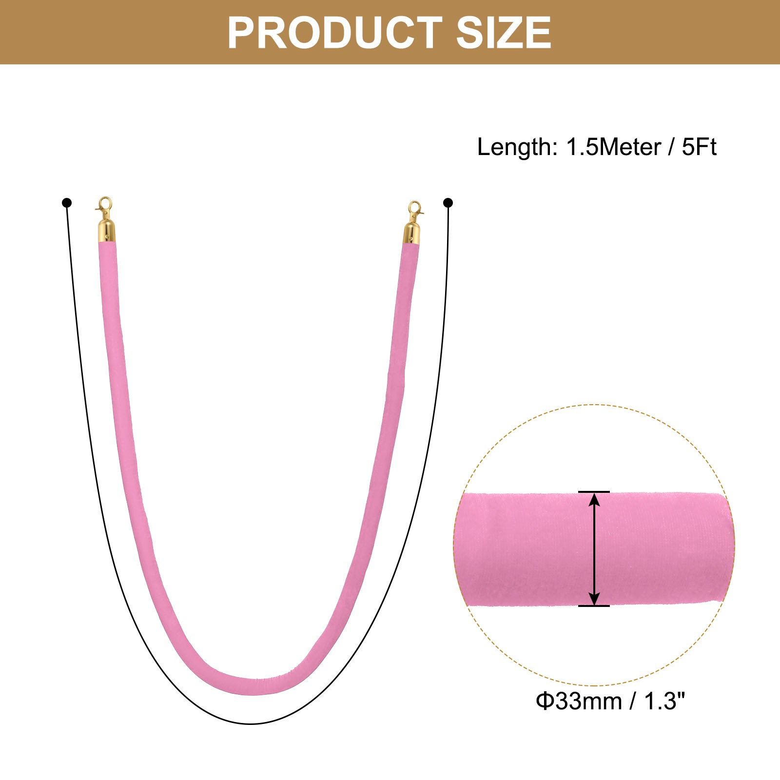 4 Pack 5 Feet Pink Velvet Stanchion Rope Crowd Control Barrier Rope Golden