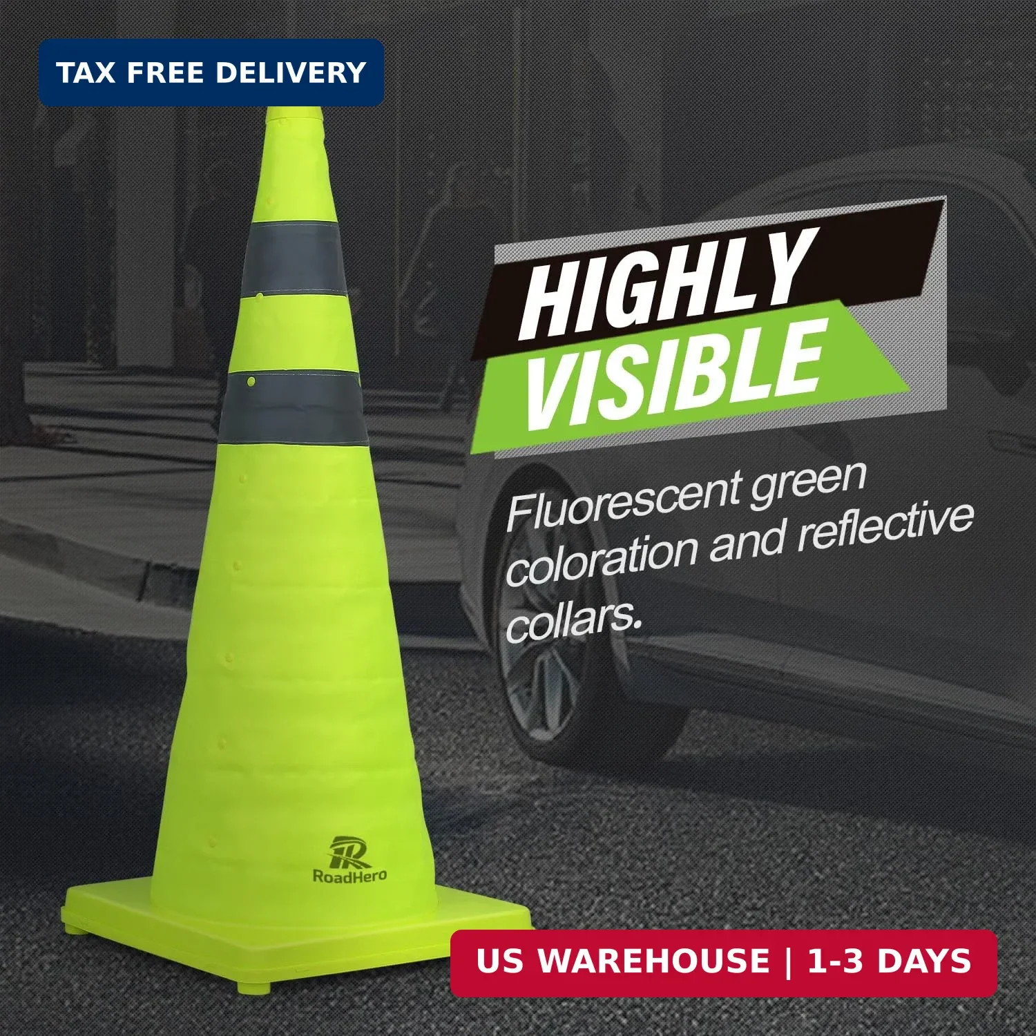 RoadHero 28 Inch 4 Pack Collapsible Traffic Safety Cones, Lime Green Pop-up Cone