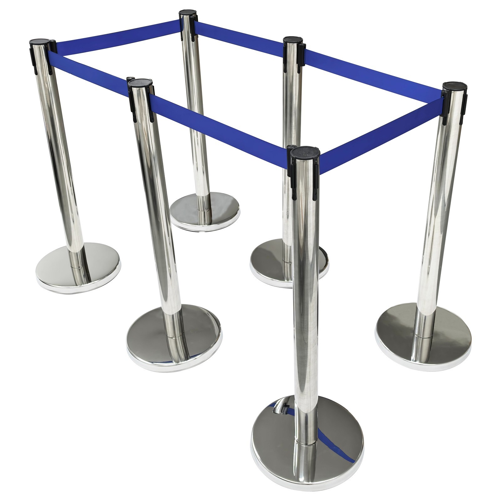 6 PCS Stainless Steel Stanchions with Blue Belts Posts Covers and Bases Blue Ret