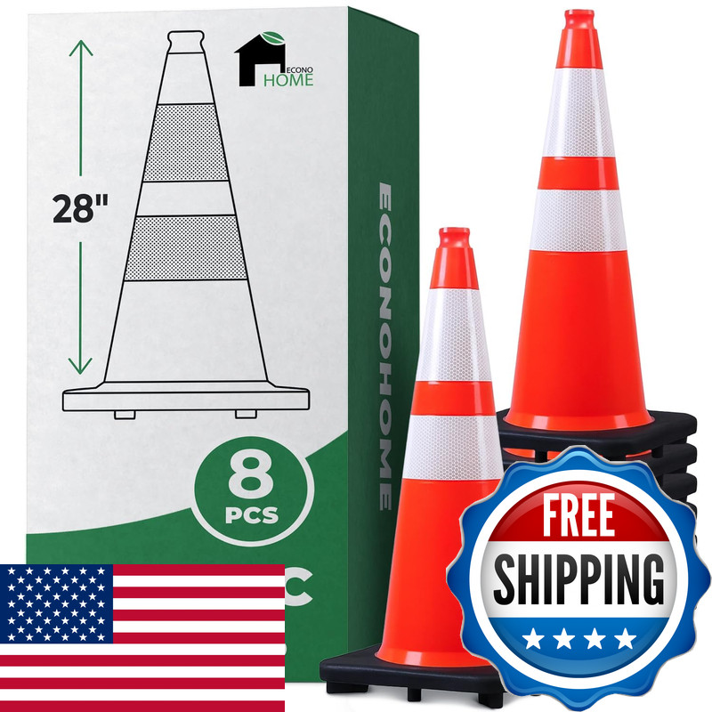 Econohome 28-Inch Tall 8-Pack Reflective Traffic Cones – 5.3 Lbs Weighted