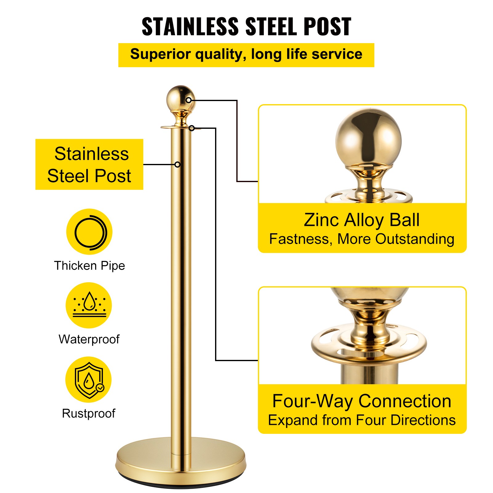 VEVOR Velvet Ropes and Posts Gold Stanchion 5ft/1.5m Crowd Control Barriers 6PCS