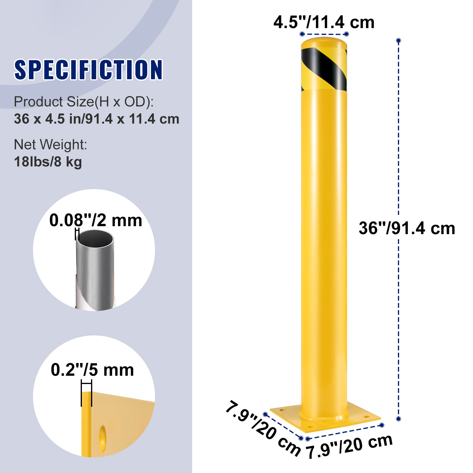 Safety Bollard 36″H 4.5″D Steel Bollard Post Yellow Street Parking Signs Barrier