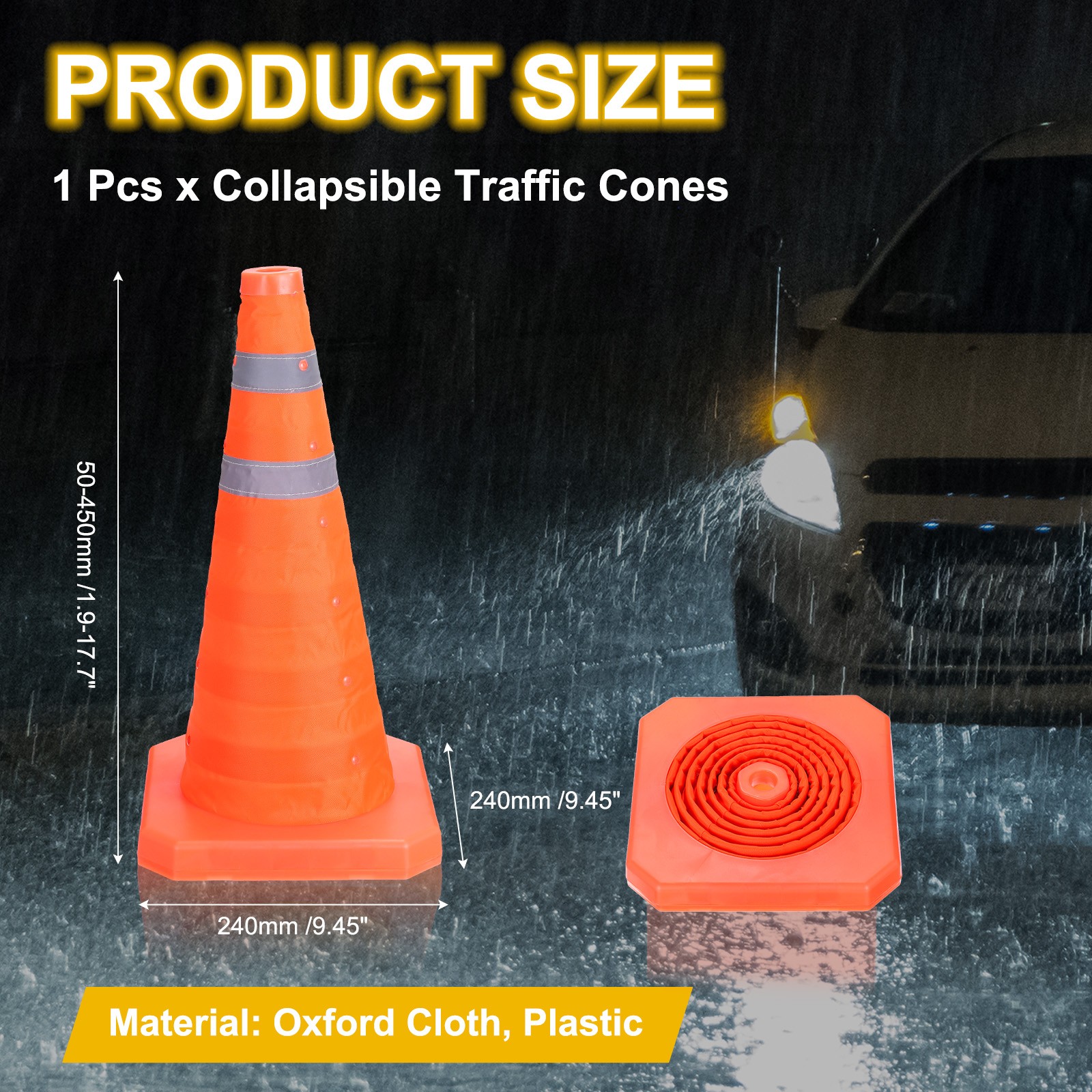 18″ Collapsible Traffic Cones, Safety Cones with Reflective Collar