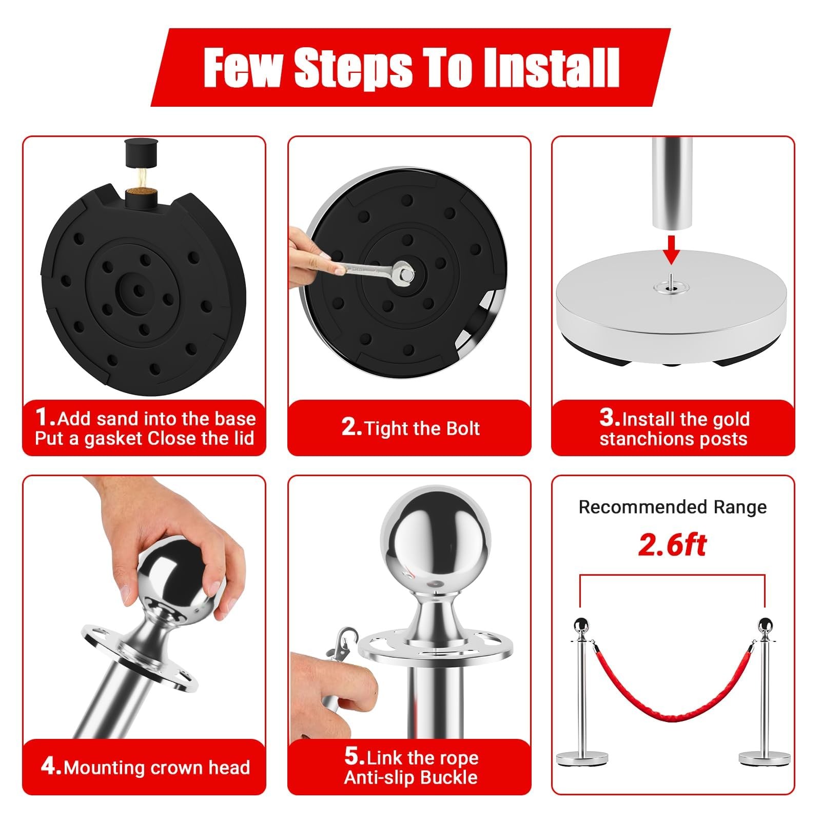 8 PCS Stainless Steel Stanchion Post Queue 5 ft Red Carpet Ropes and Pole Crowd