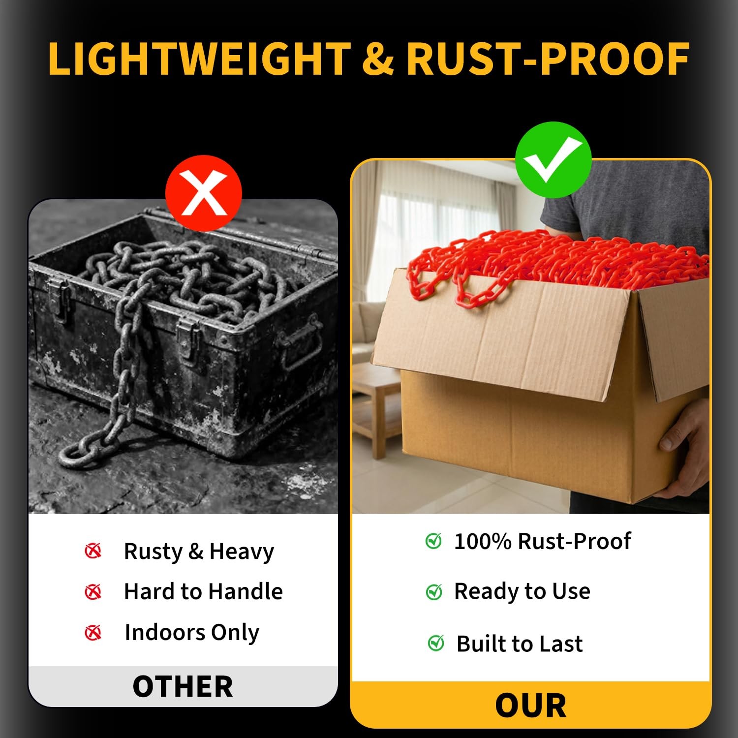 ⭐Plastic UV Resistant Safety Barrier Chain Links 240FT w/50 S Hooks for Driveway