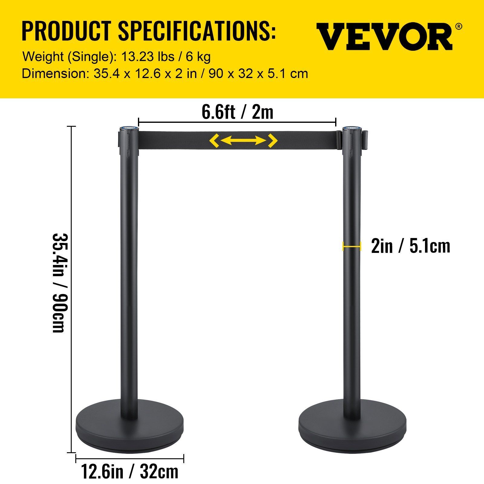6pc Crowd Control Stanchion Black Crowd Control Barrier w/6.6ft Retractable Belt