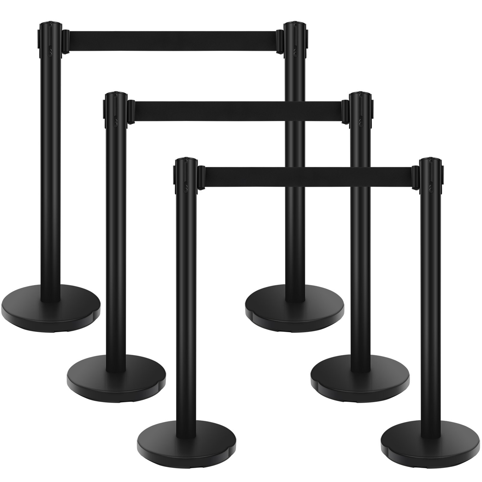 6Pcs Crowd Control Barrier Outdoor Stanchion Queue Pole  Retractable Belt Black