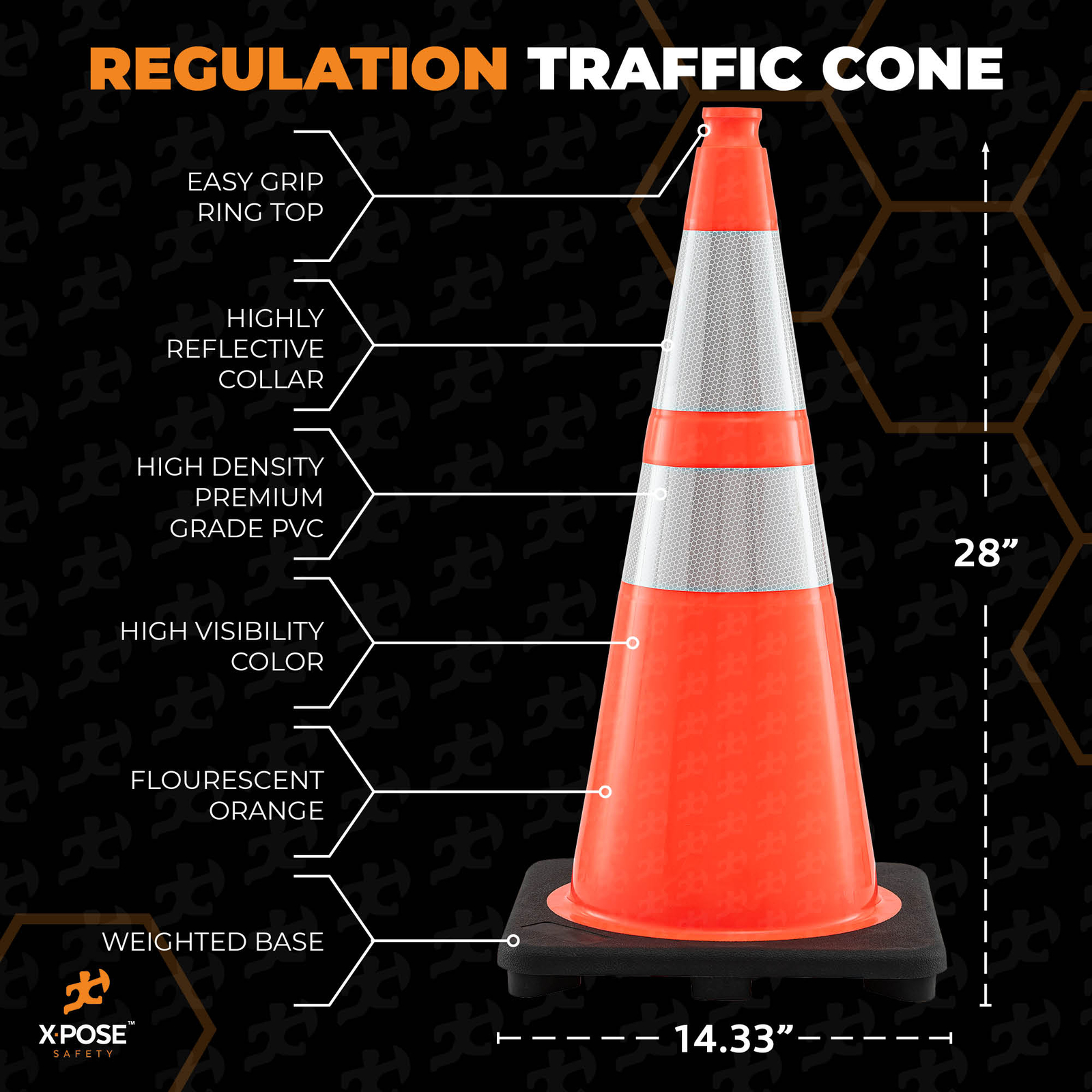 28 Inch Orange Traffic Cones with 6″ & 4″ Collar, PVC Plastic Safety Cone