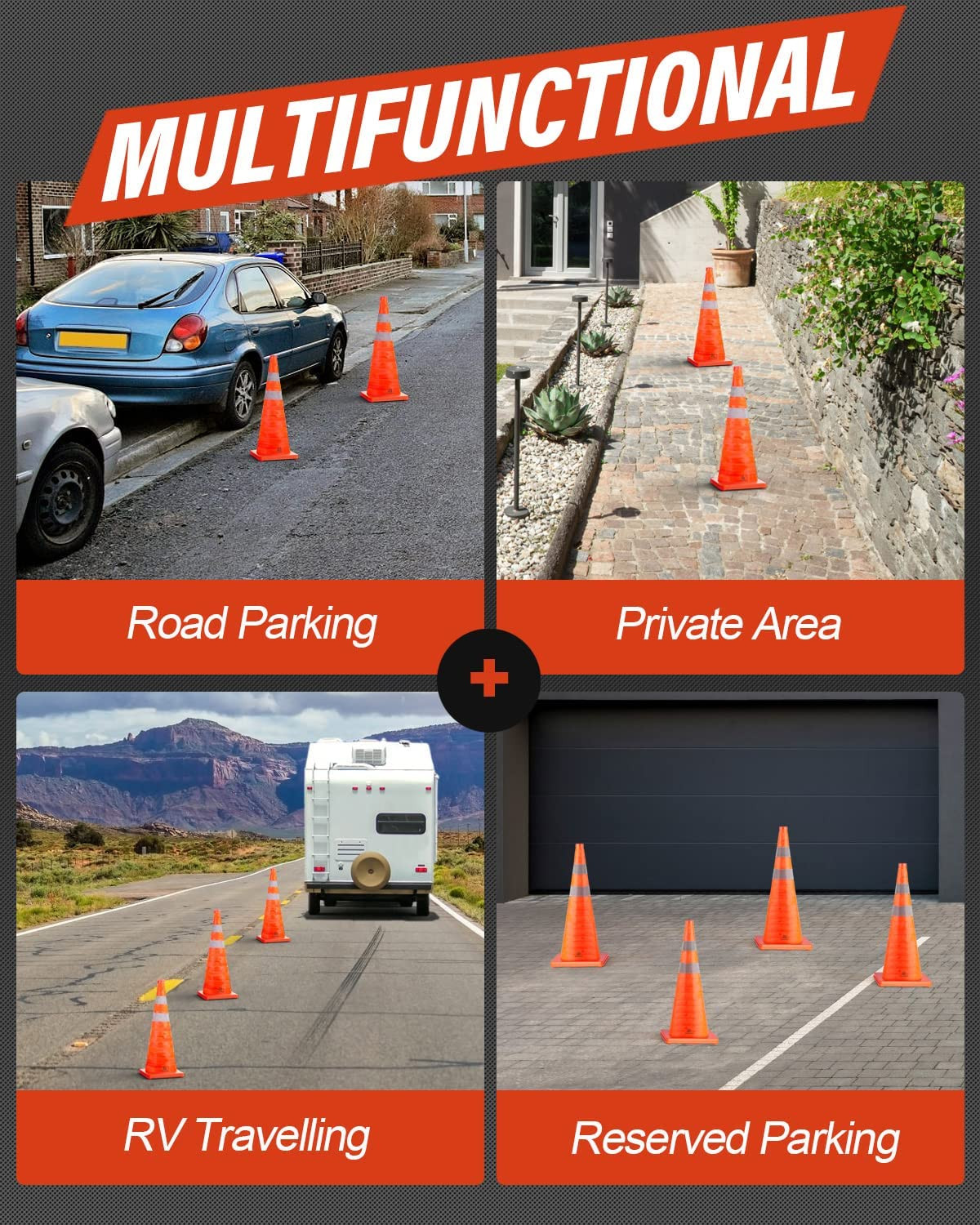 18 Inch 2 Pack Collapsible Traffic Safety Cones, Multi Purpose Pop-Up Cones with