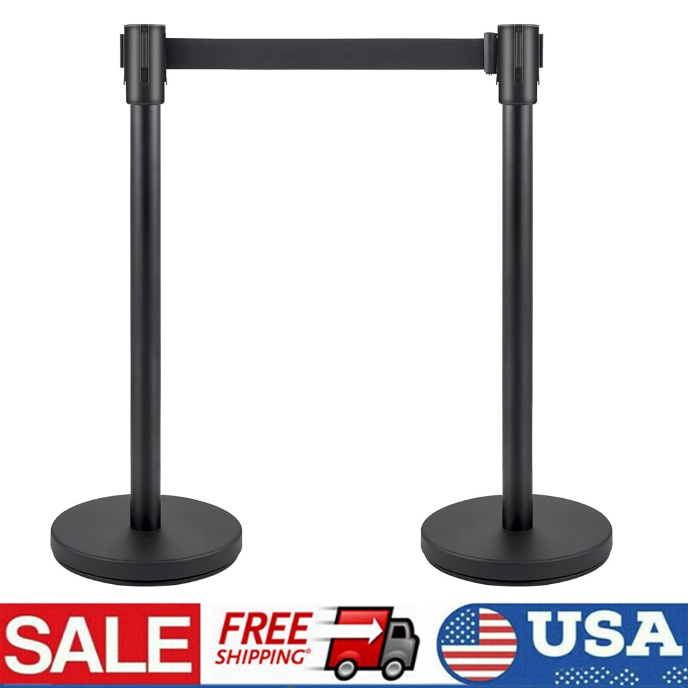 2x Stanchion Post Crowd Control Height 35.4 Inches with Retractable Belts Black