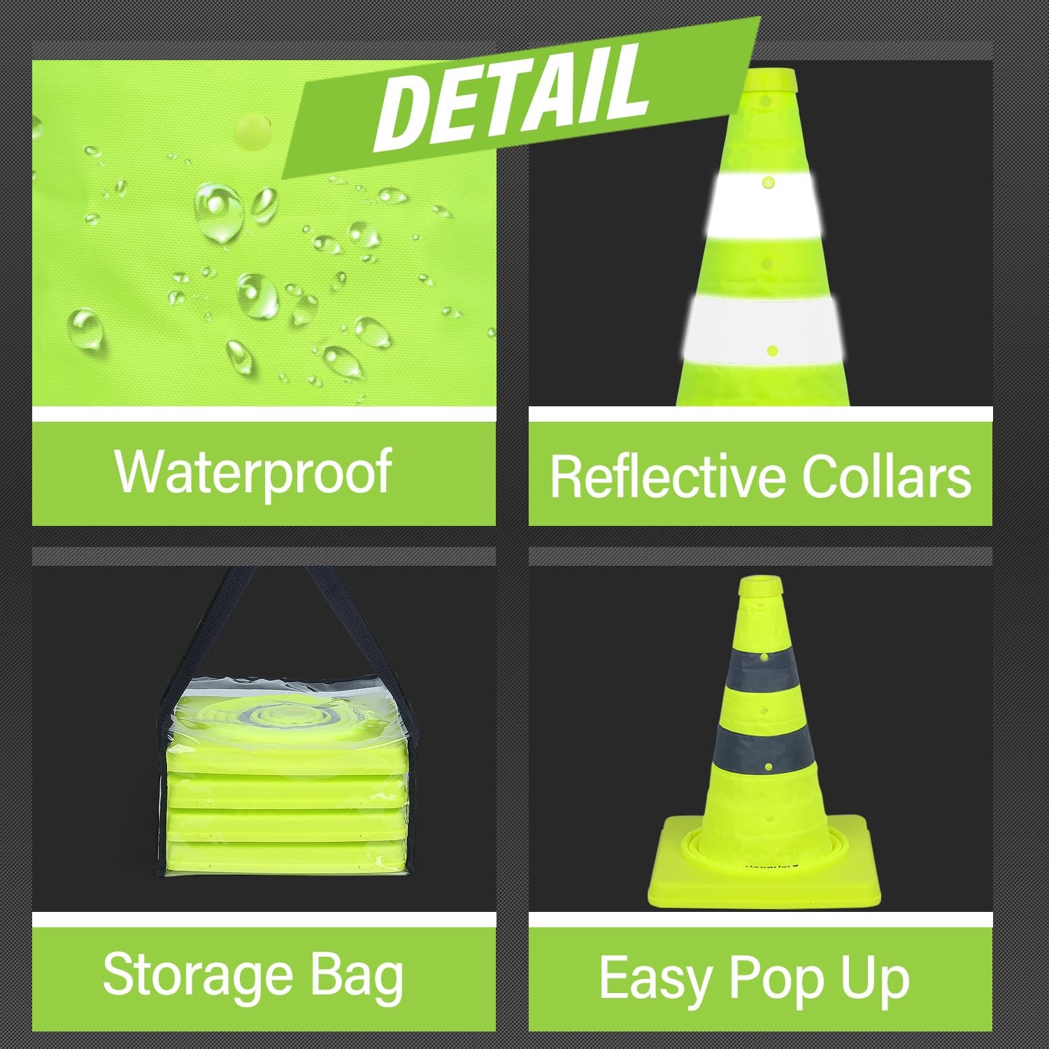 18 Inch 4 Pack Collapsible Traffic Safety Cones, Lime Green Pop-up Cones with…