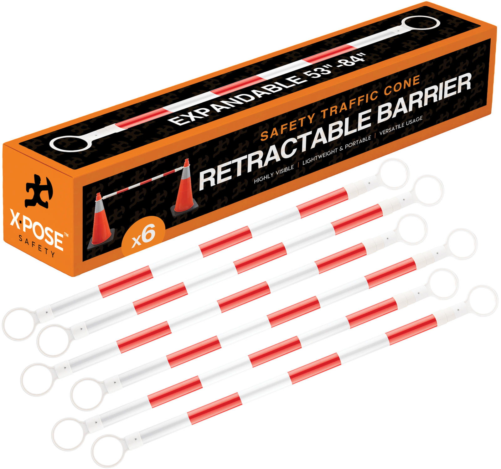 Orange and White Retractable Barrier for Traffic Cones – 2″ OD – 53-84″ 6 Pack