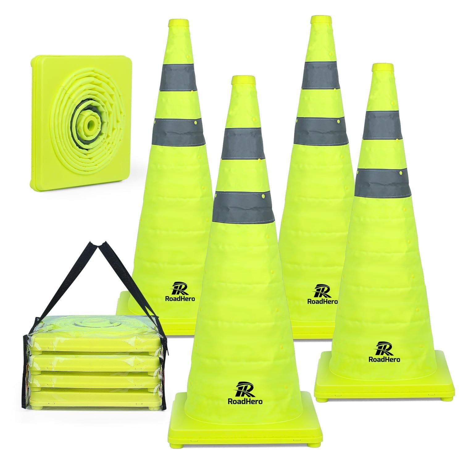 28″ Collapsible Traffic Safety Cones – 4 Pack, Lime Green, Reflective Collar, Ro